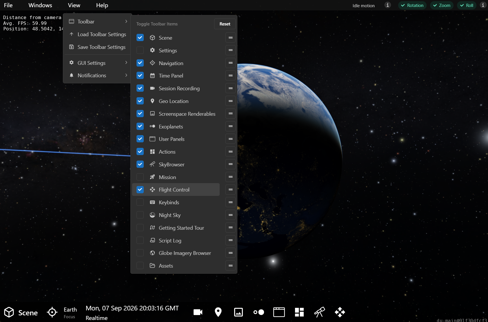 Enabling the Flight Control Panel in the Toolbar