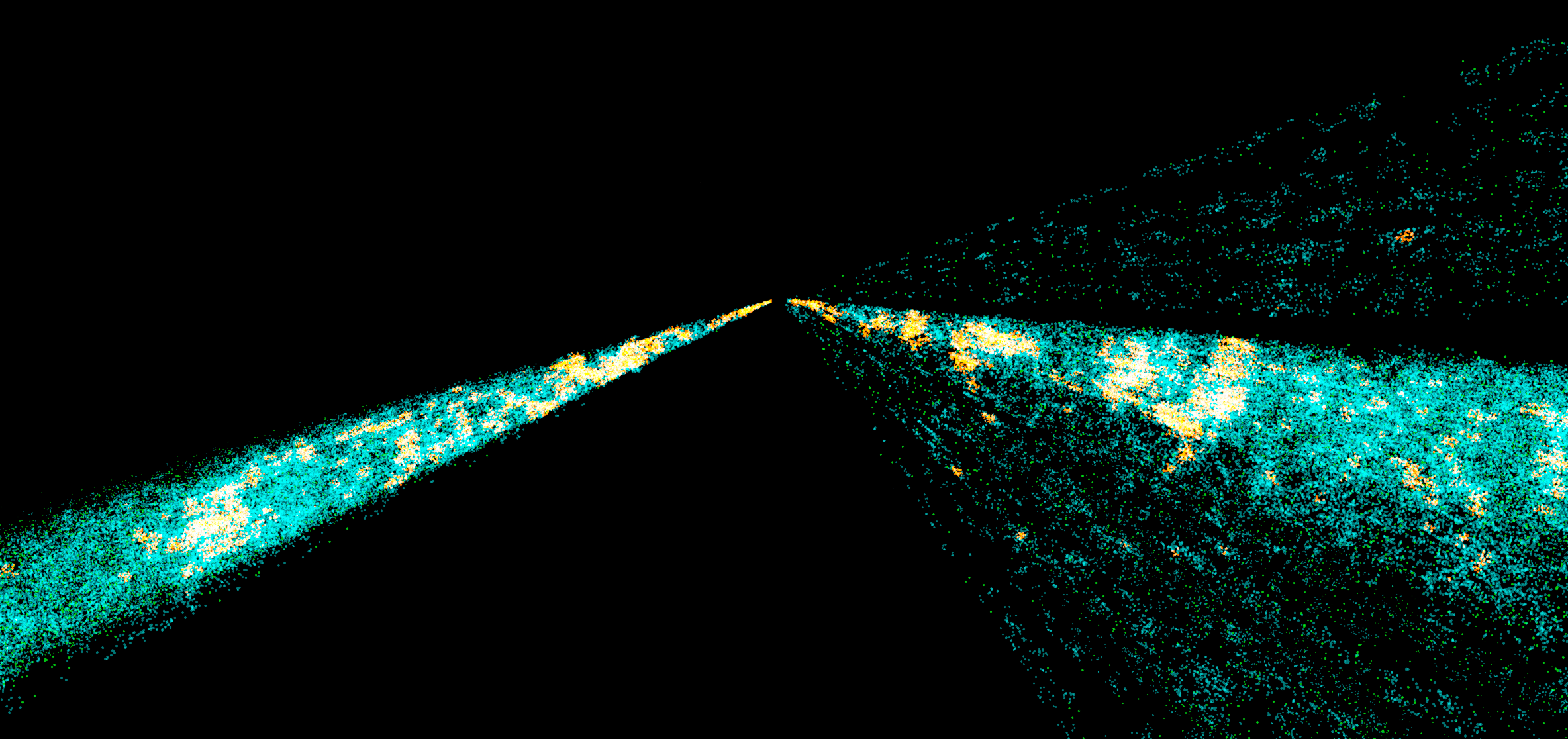 Looking at the 2dF edge-on reveals the thin slices of data on opposite sides of the night sky.