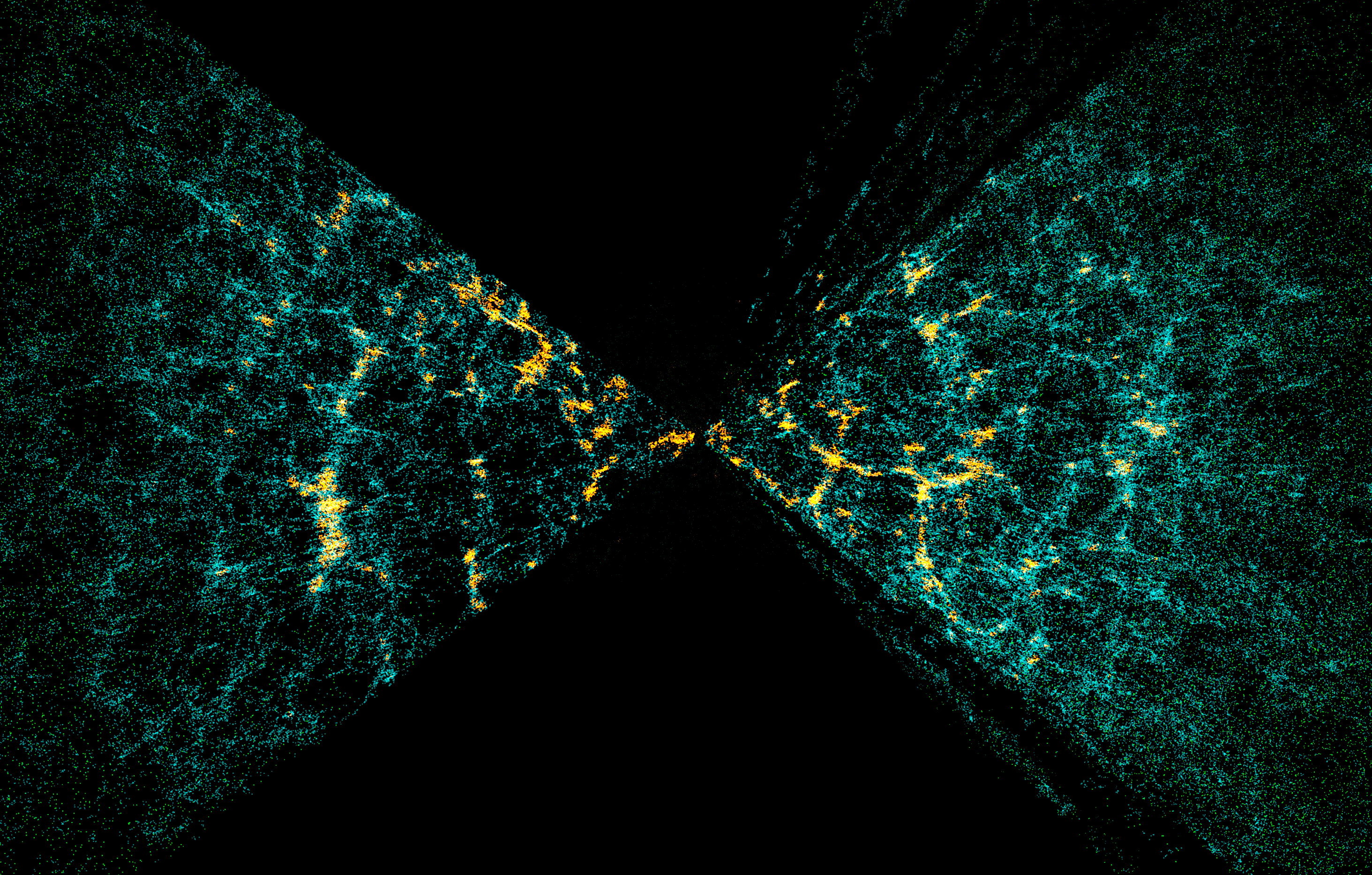 Two triangular areas of 2dF galaxies are shown with multicolored points representing the galaxies. Large-scale structure is easily seen in these thin slices.