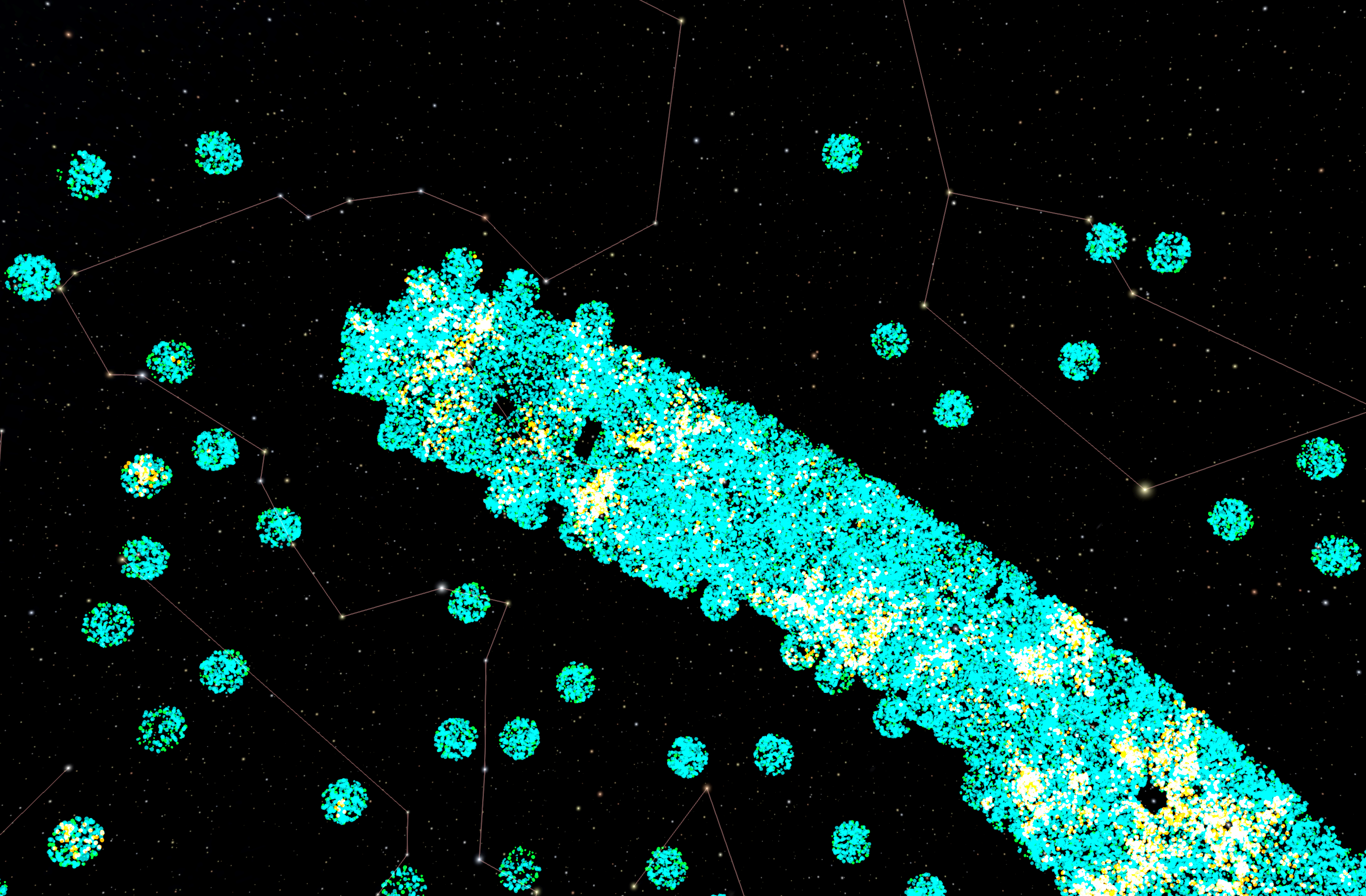 A view of the 2dF Galaxies as seen from the night sky, where we see a strip of galaxies on the sky, and random pointings of the telescope around that strip.