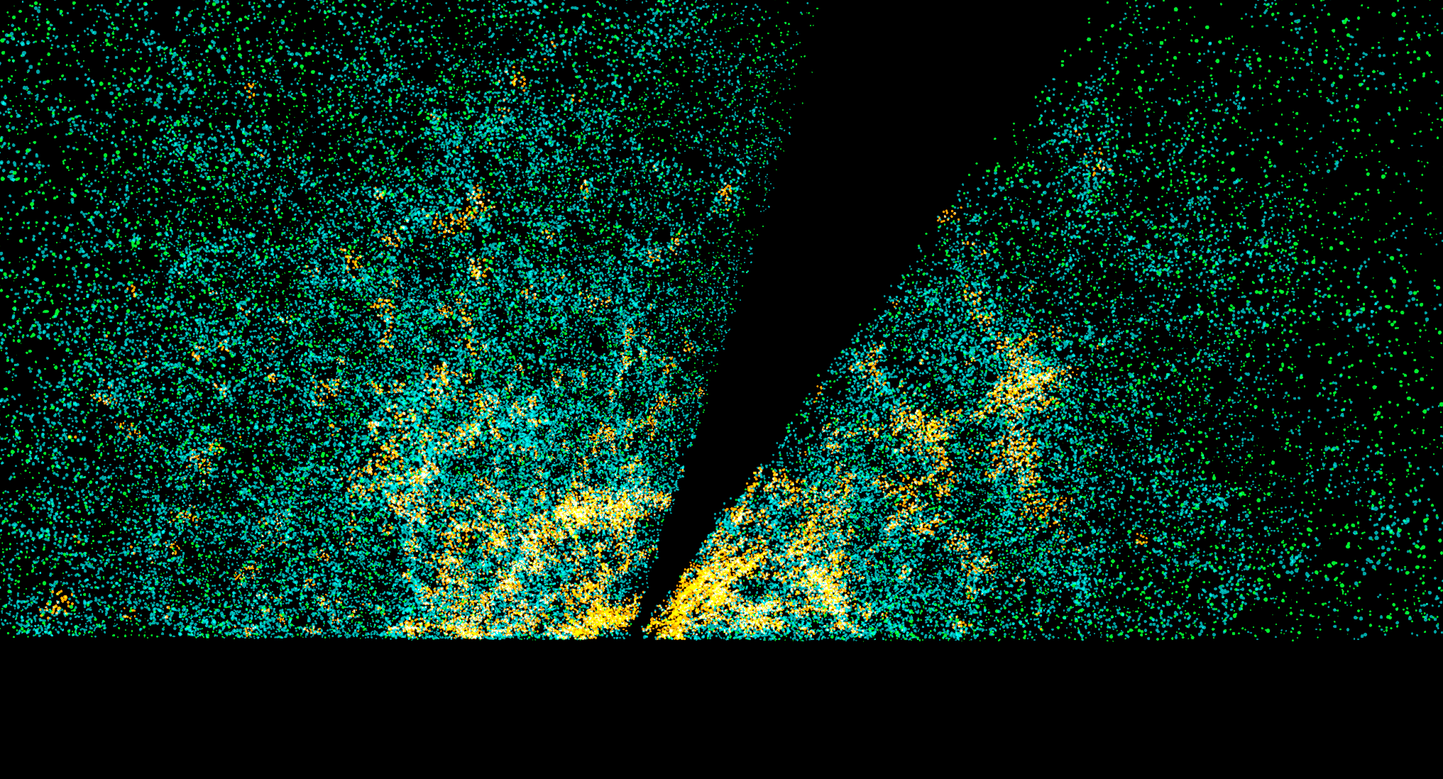 Two wedges of galaxies with multicolored points, with the bottom void of data and the V-shaped wedge blocked from view by our own Milky Way.