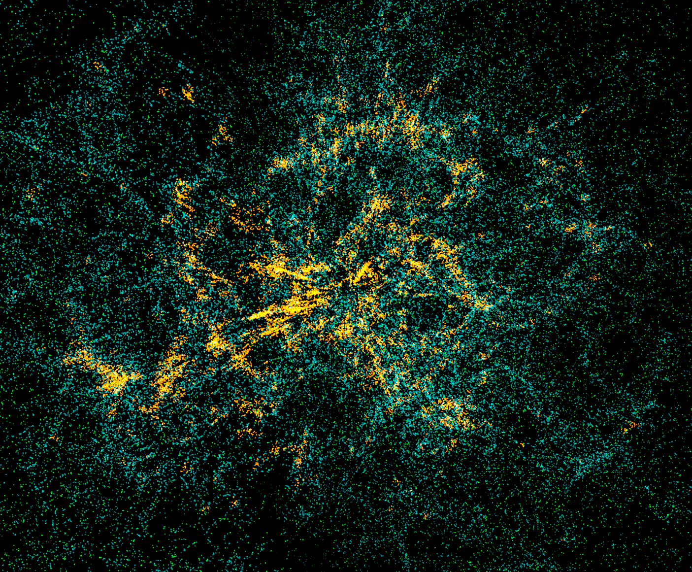A view of the 6dF galaxies as multicolored points. The large-scale structure, the weblike appearance of the nearby universe, is readily apparent.