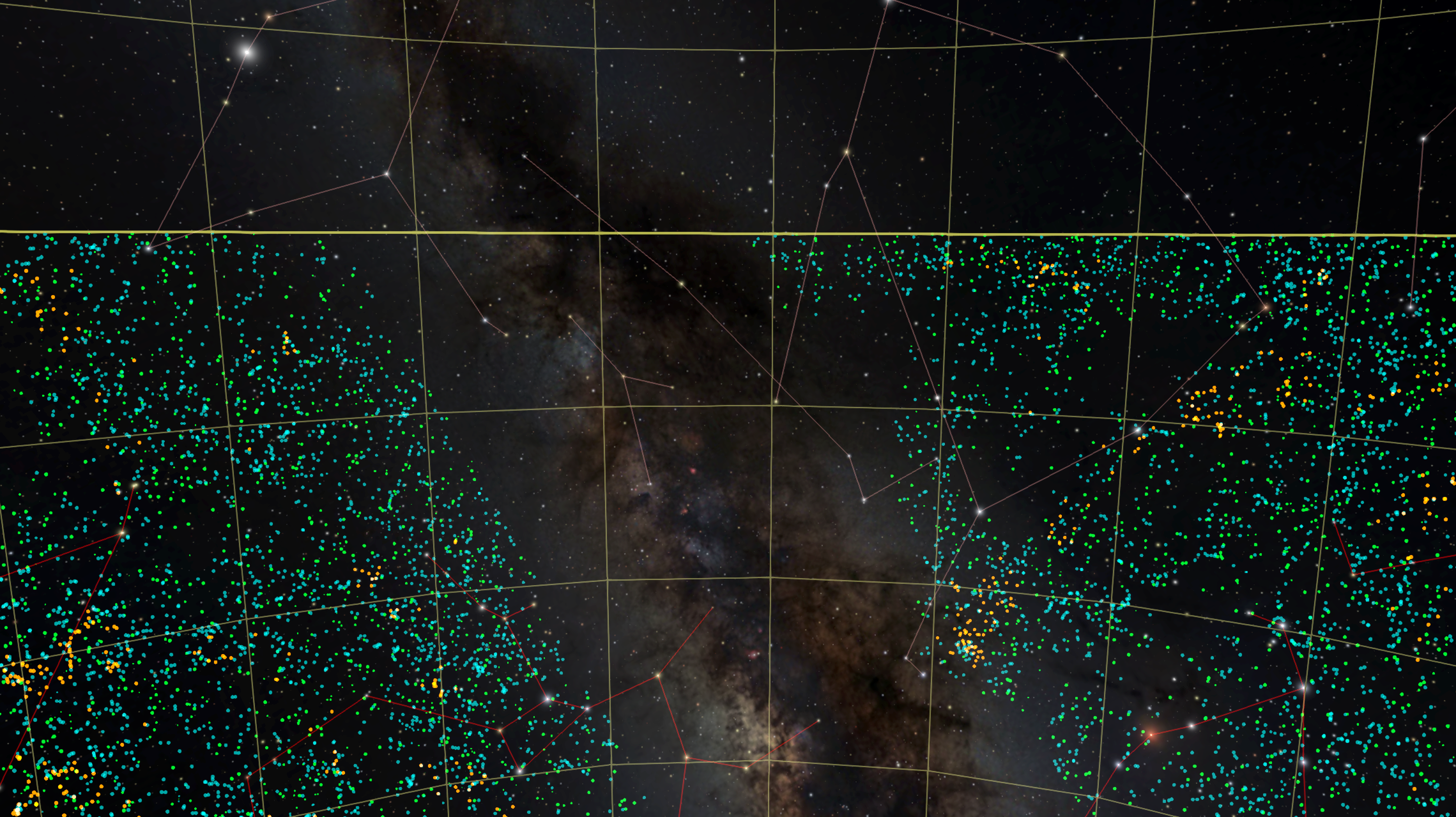 A night sky view with the stars, constellation lines, and the band of the Milky Way, along with the 6dF Galaxies seen in the southern sky.