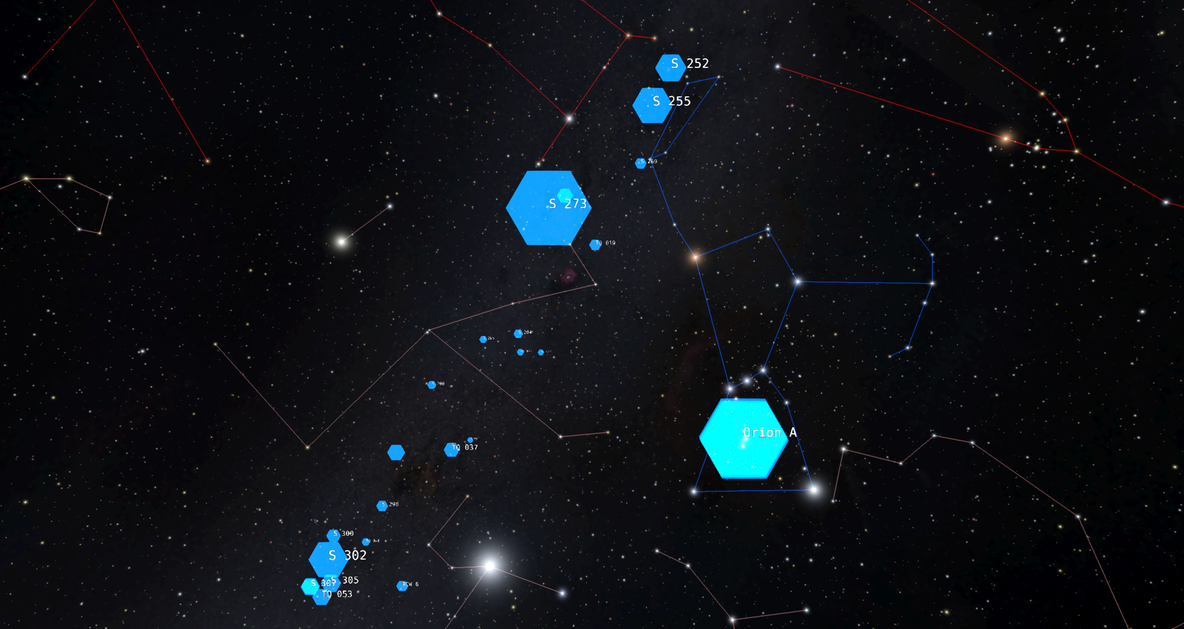 A view of the night sky with the constellations Orion and some surrounding constellations. Aqua hexagons mark the location of HII regions.