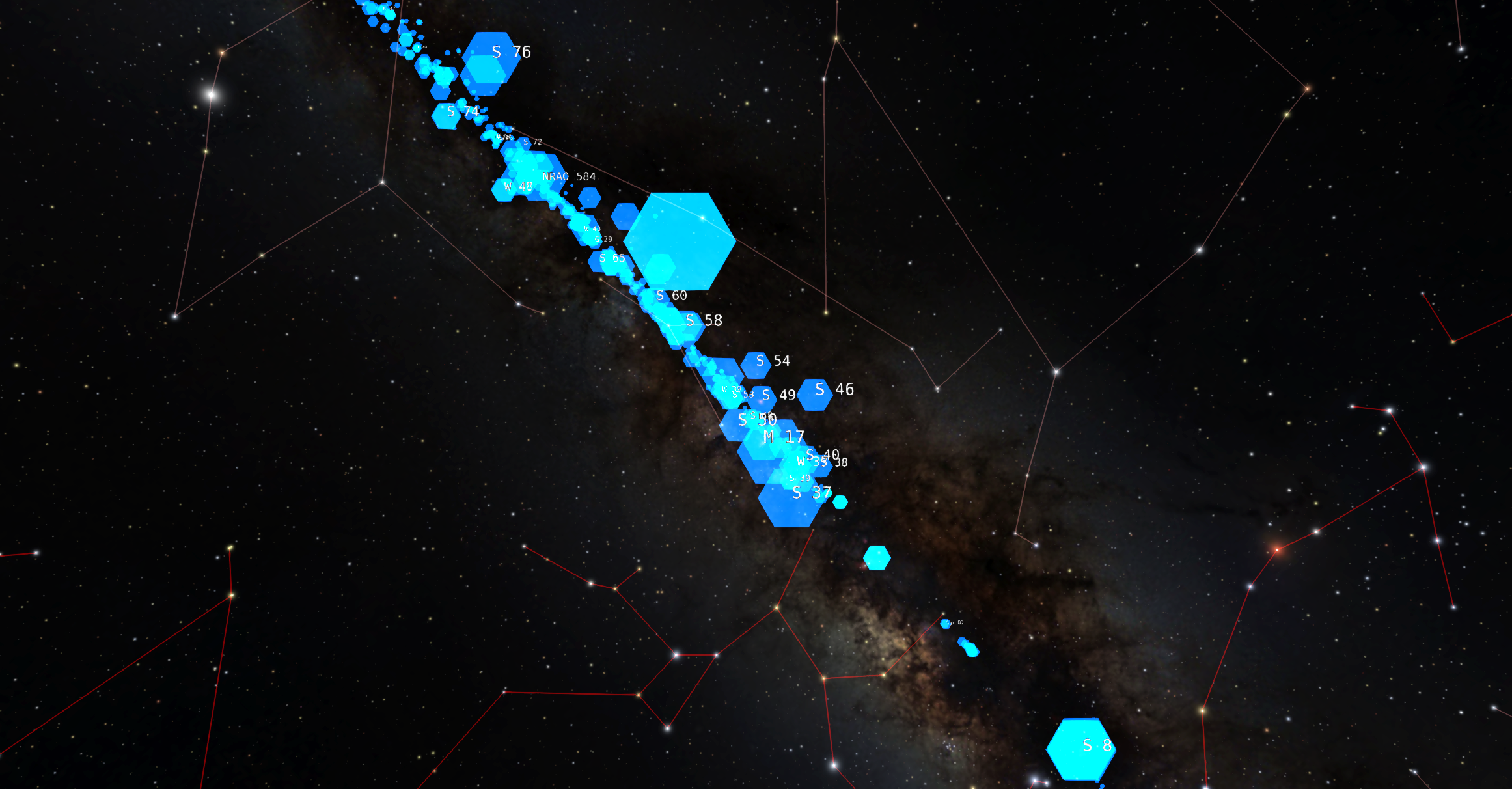 A night sky view showing the constellations Scorpius and Sagittarius and the band of light we call the Milky Way. Aqua hexagons mark where the HII regions are located. They form a line that is aligned with the Milky Way.