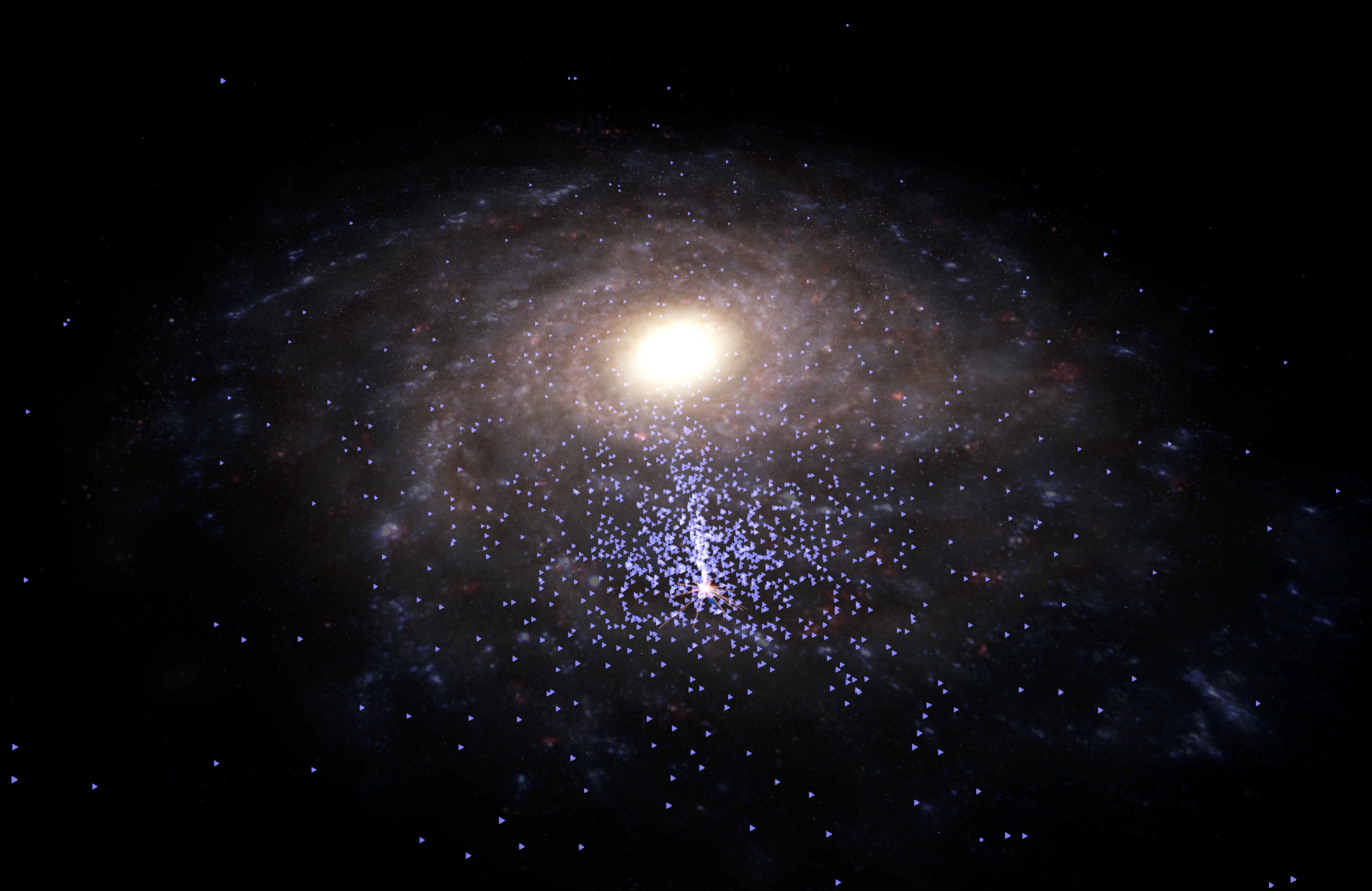 Looking down upon the Milky Way Galaxy from outside we see blue indicators showing the distribution of planetary nebulae in the Galaxy.