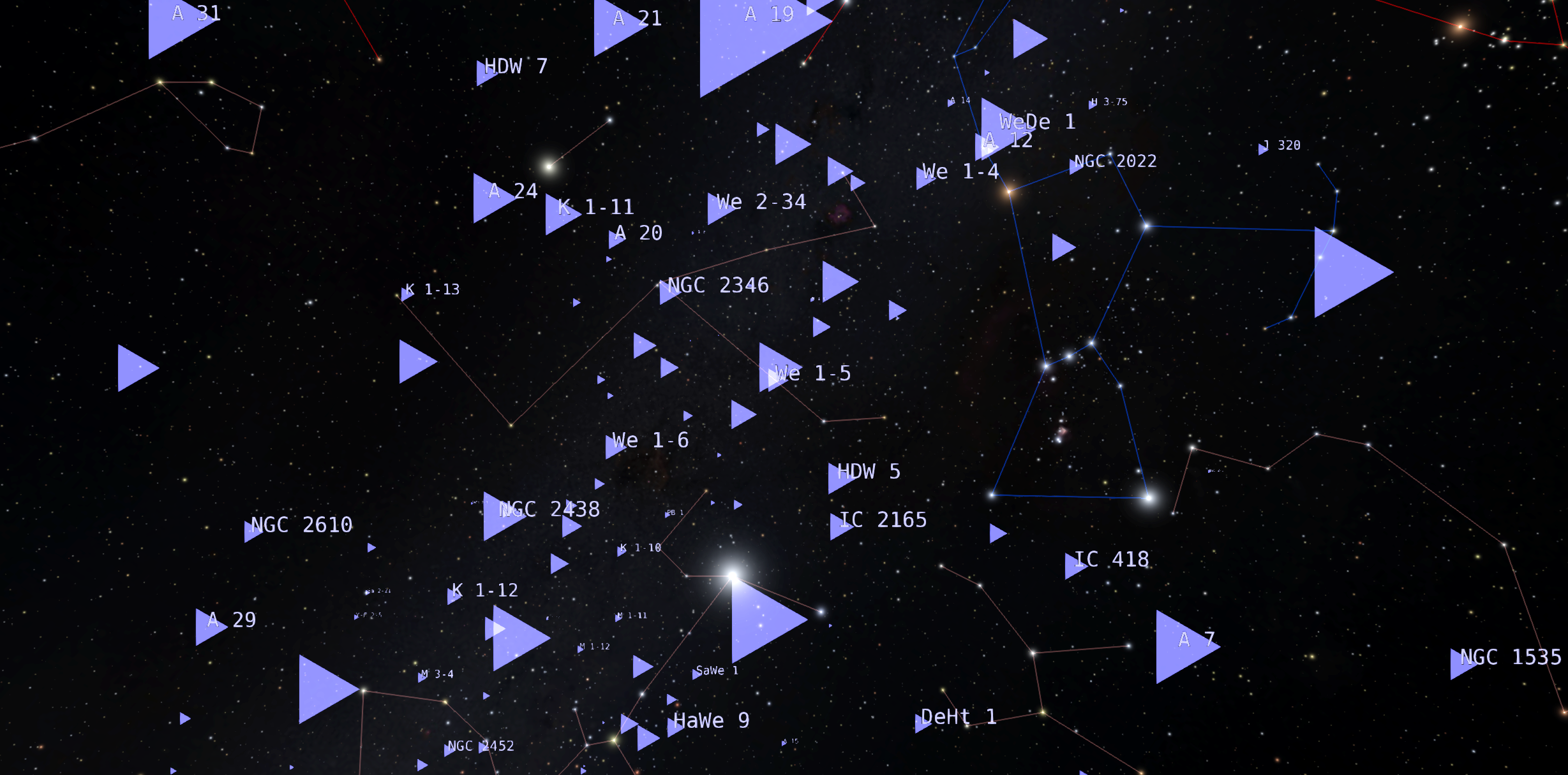 Periwinkle triangles designate the locations of planetary nebulae in the night sky looking toward Orion.