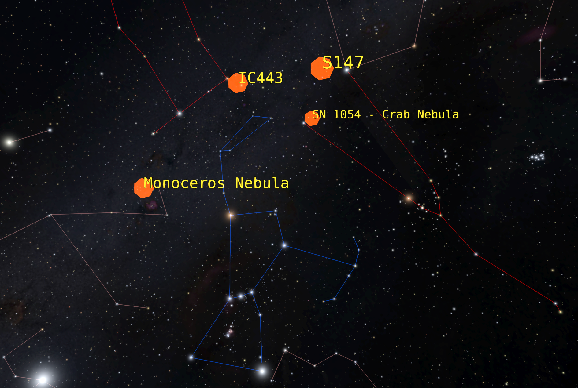 A view of the night sky looking toward the constellation Orion with orange points representing the supernova remnants.