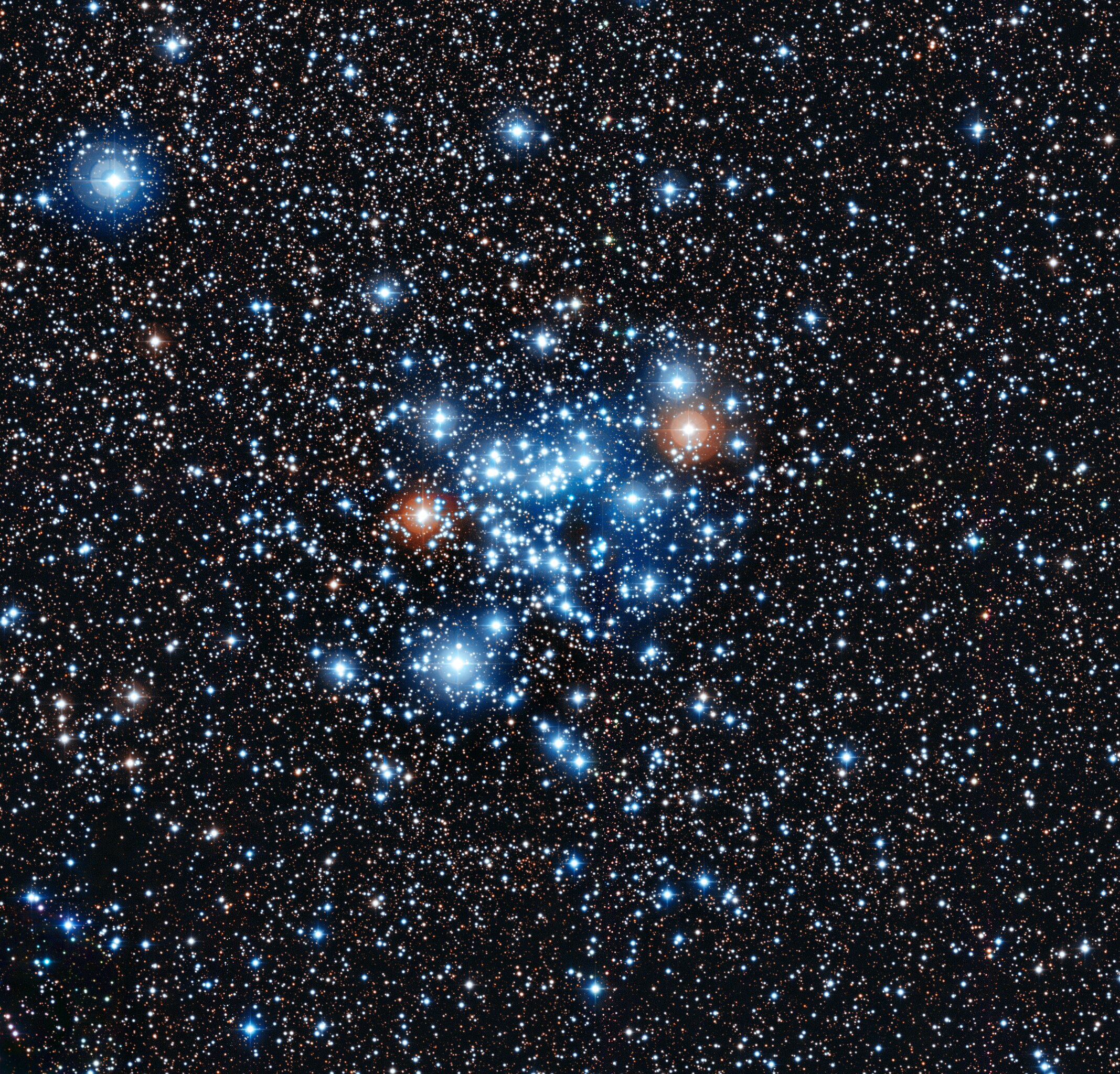 A zoomed-in image of the sky centered on the open star cluster NGC 3766, a loose grouping of stars amongst a backdrop of more distant stars.
