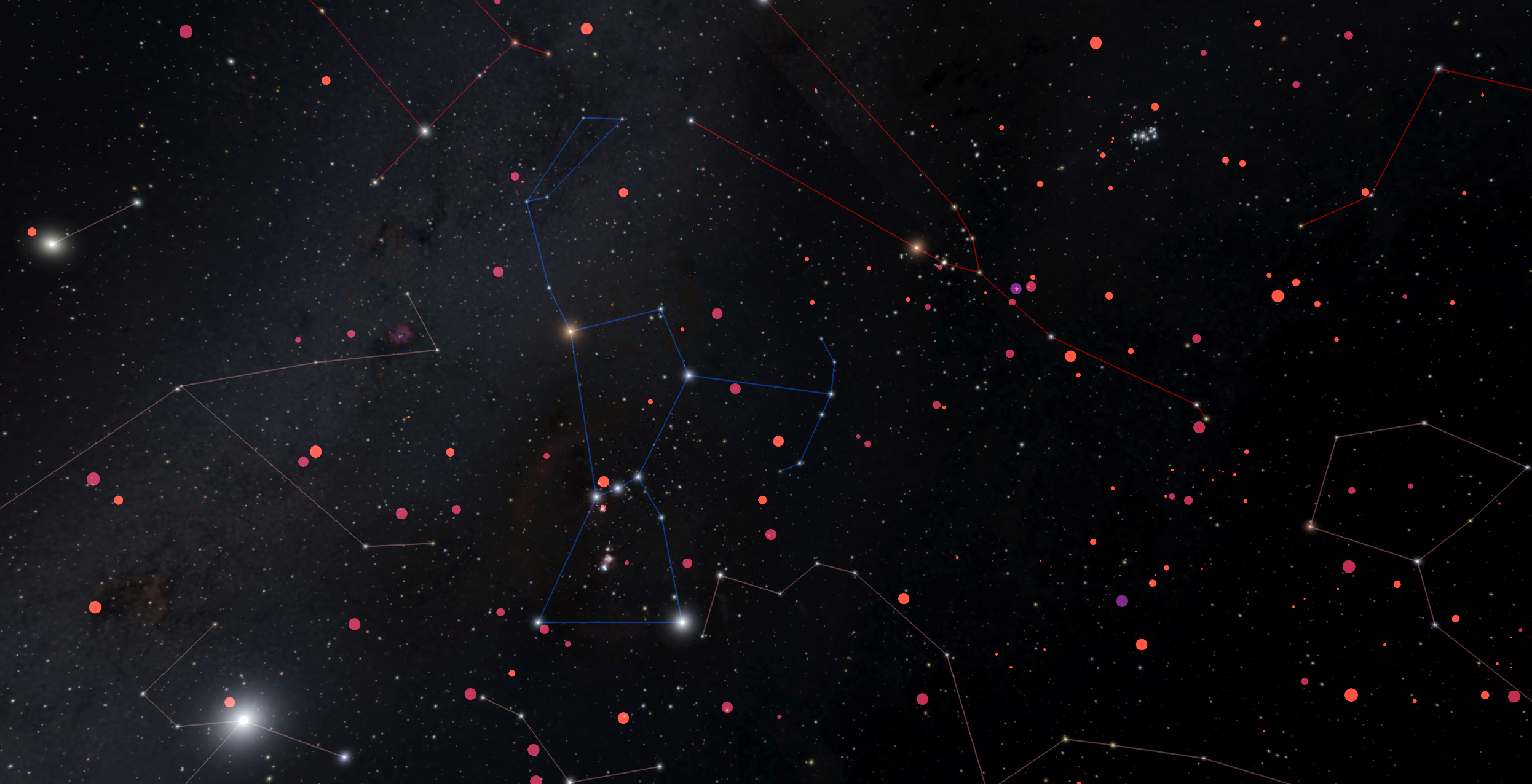 A view toward Orion with the constellations in view along with the multicolored brown dwarfs.
