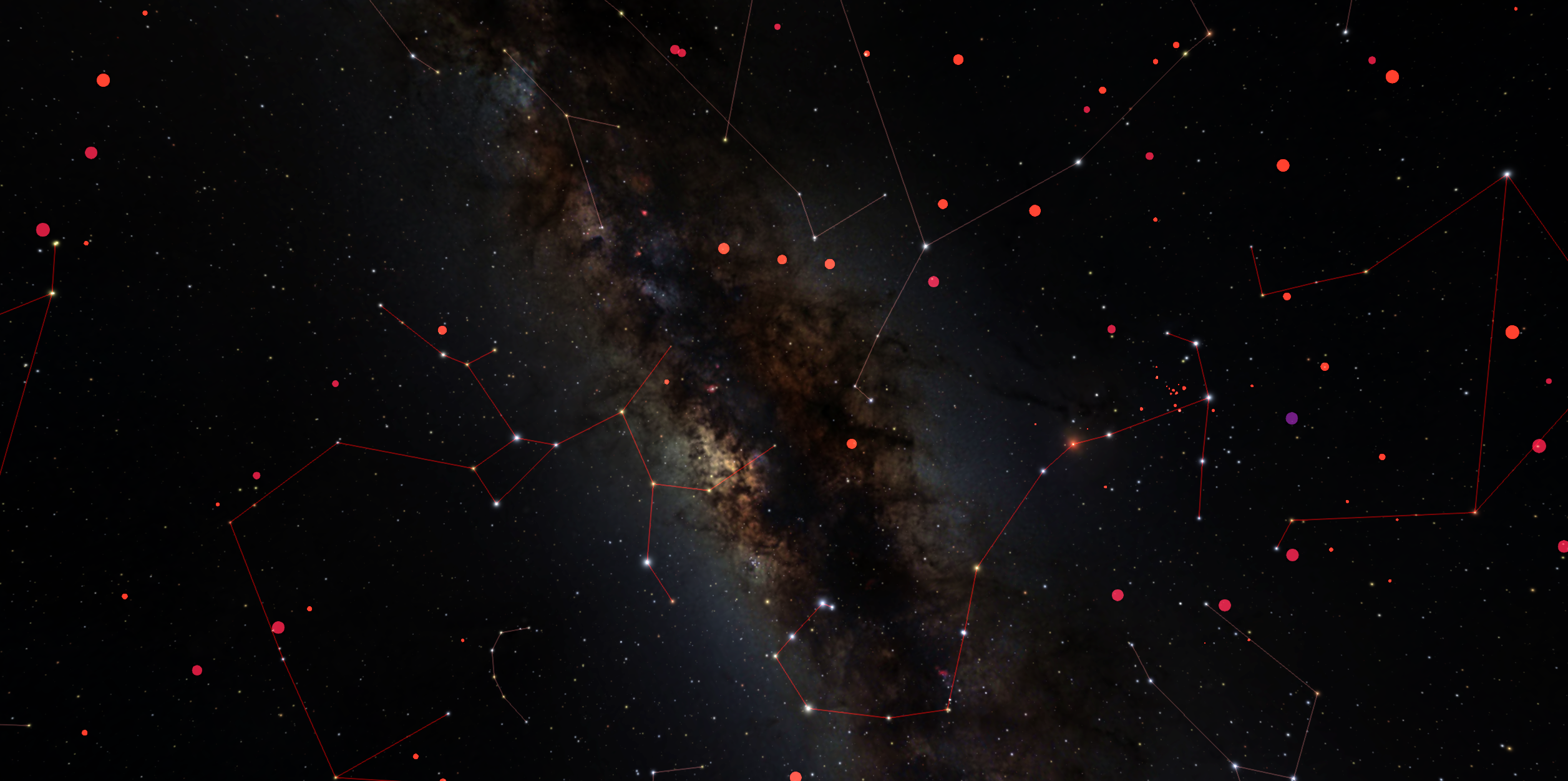 A night sky view of the constellations Scorpius and Sagittarius, along with the brown dwarfs, designated with different color points depending on their spectral type.