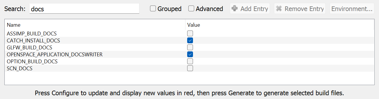 Enable the Cmake checkbox for the DocWriter