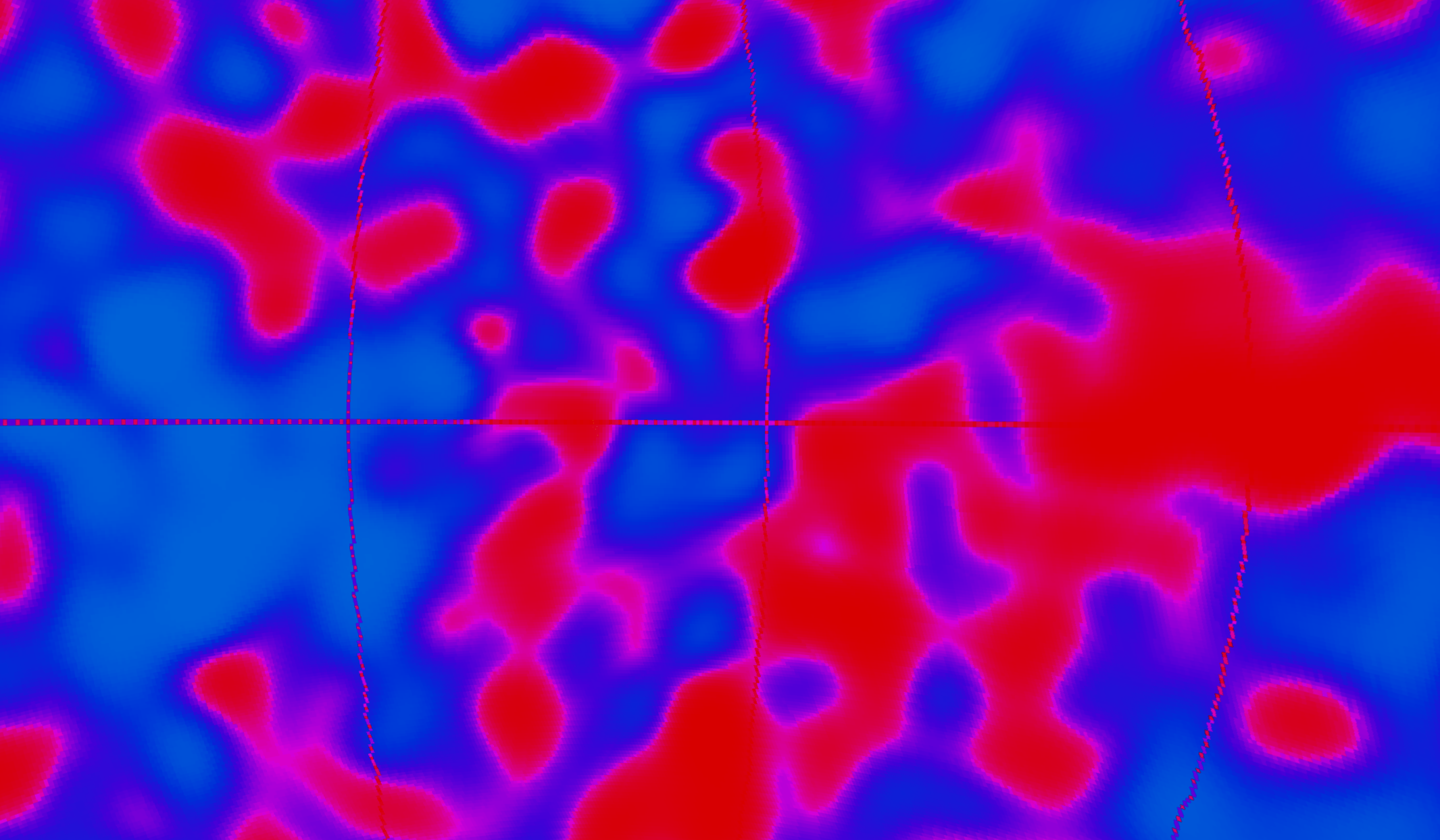 A portion of the sky in microwave light from the COBE mission. We see areas of red and blue, showing tiny differences in temperature.