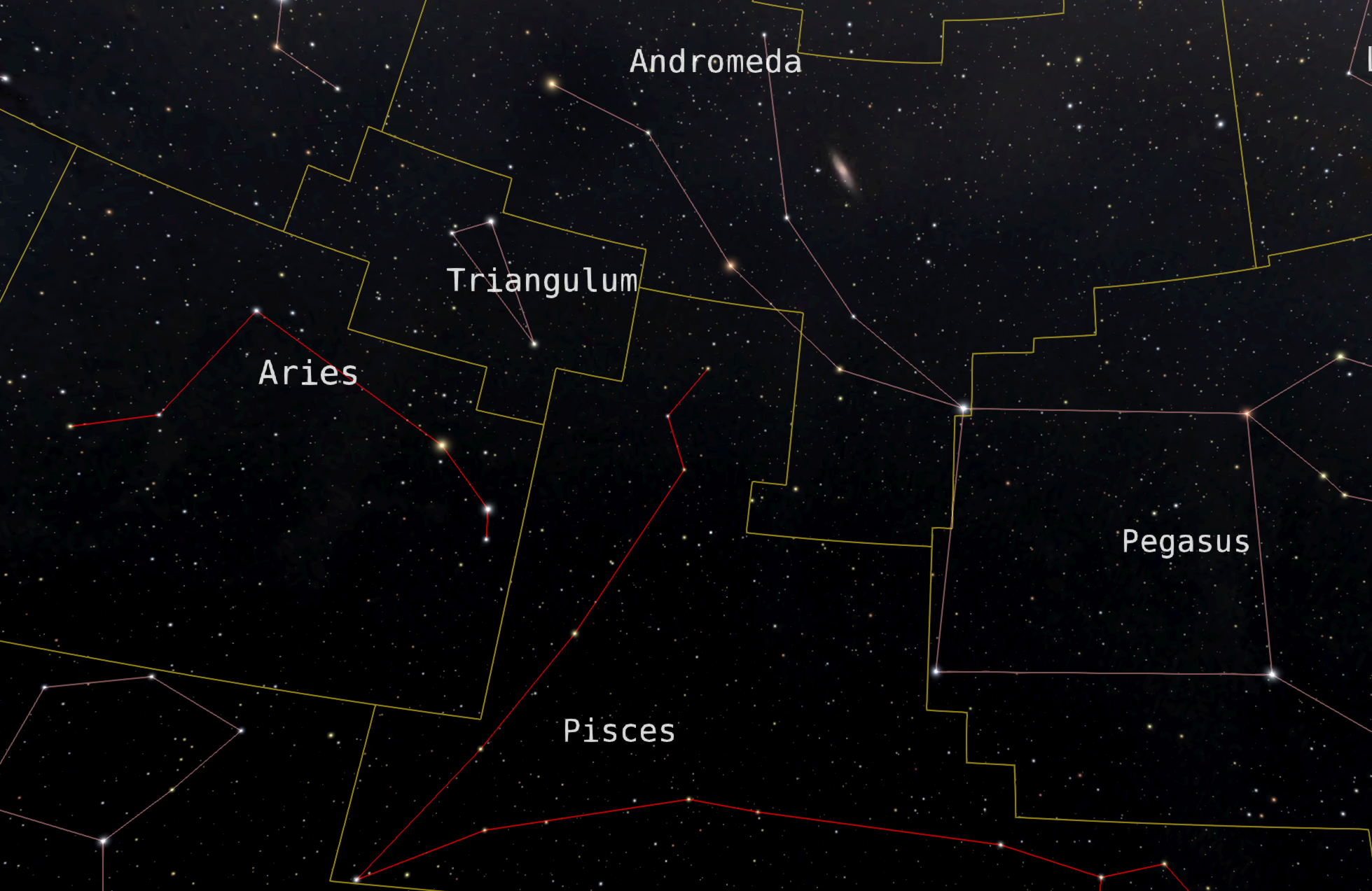 A night sky view toward Aries and Pisces with Andromeda and Pegasus, with constellation lines drawn and each constellation's boundary in yellow.