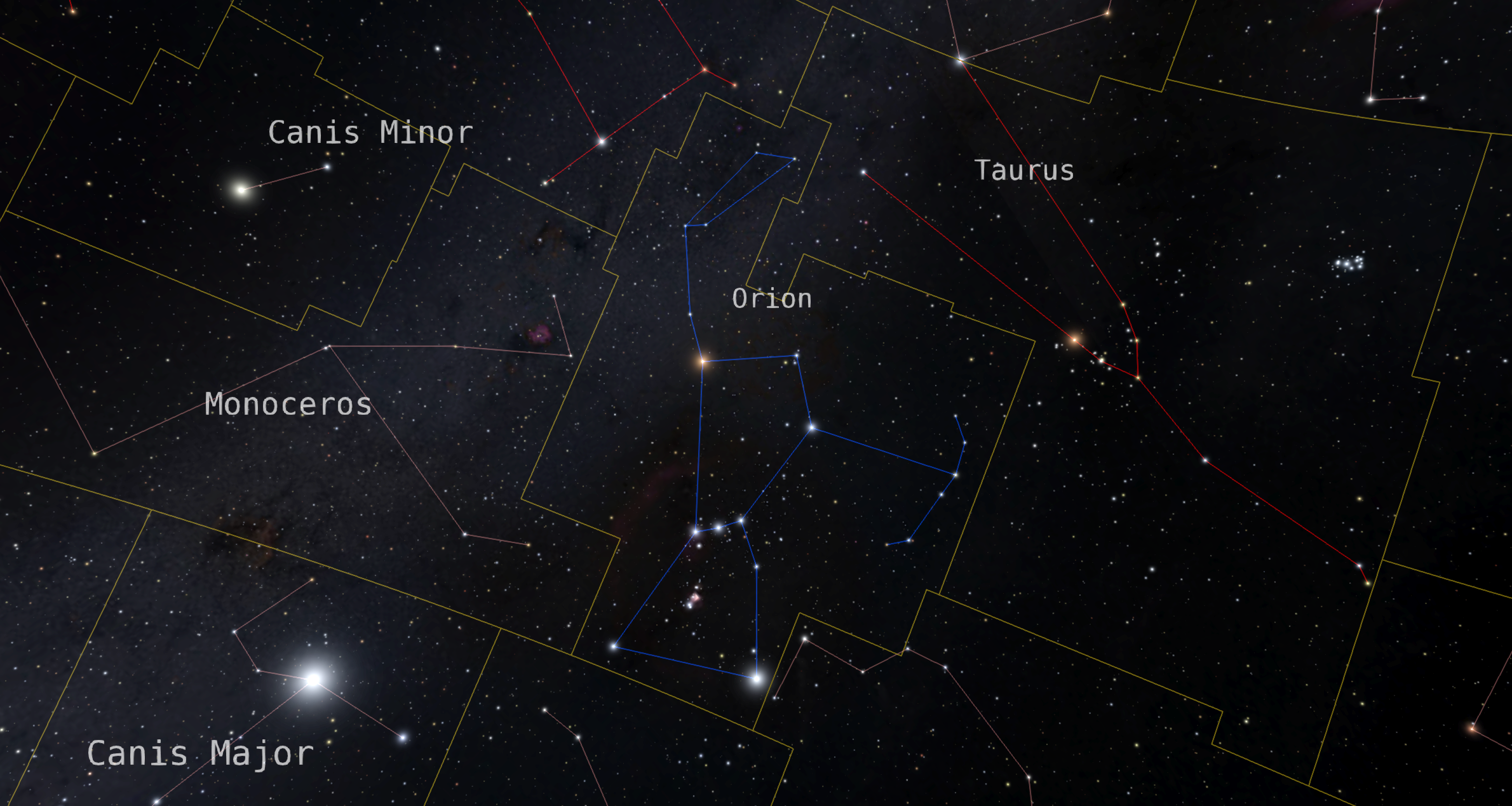Looking toward Orion in the night sky we see the constellation lines along with the constellation boundaries in yellow.