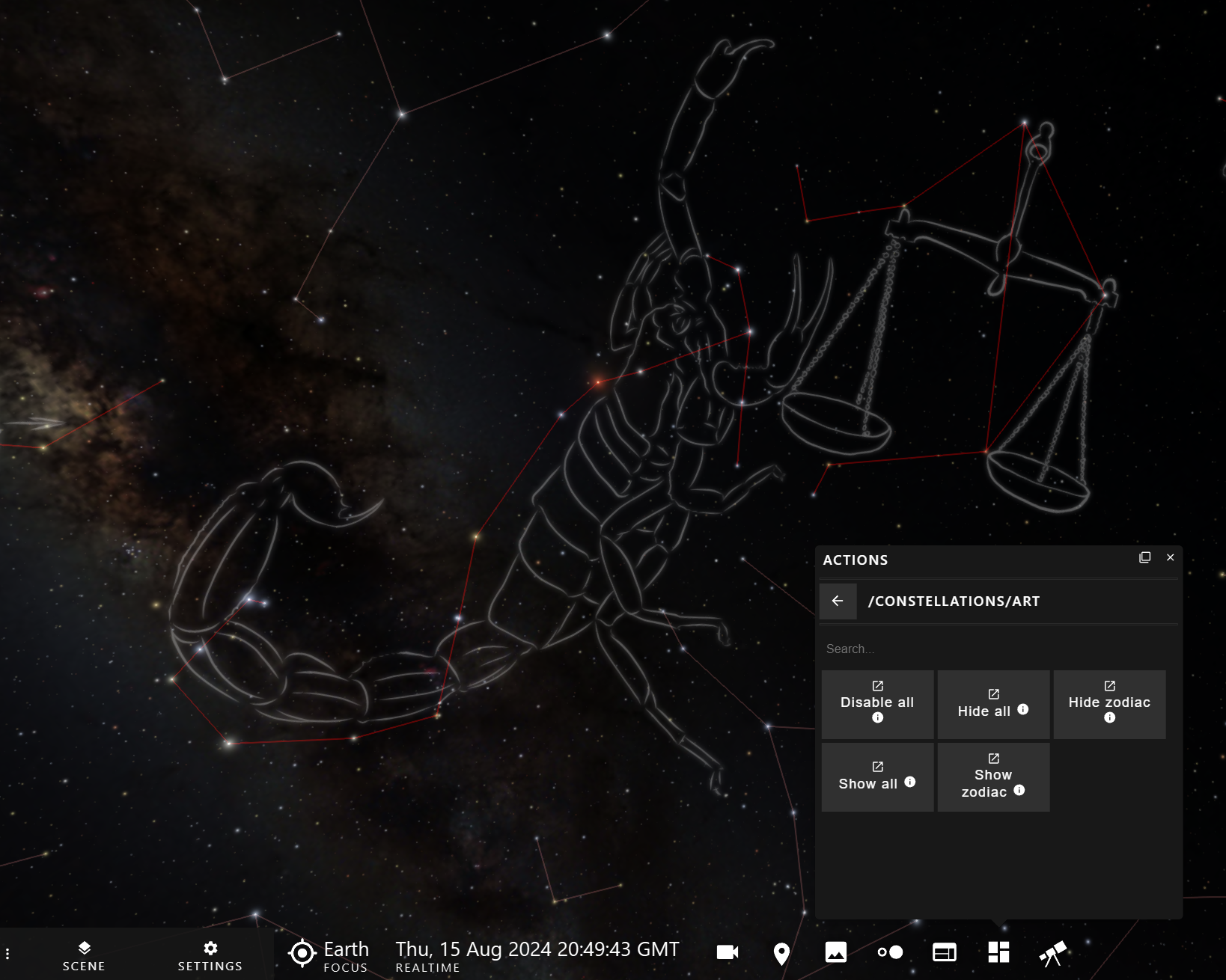 A view of OpenSpace and its interface, with the Constellations Art action menu activated. On the panel we see buttons to turn all the artwork on or off, or to see only the zodiacal constellations.
