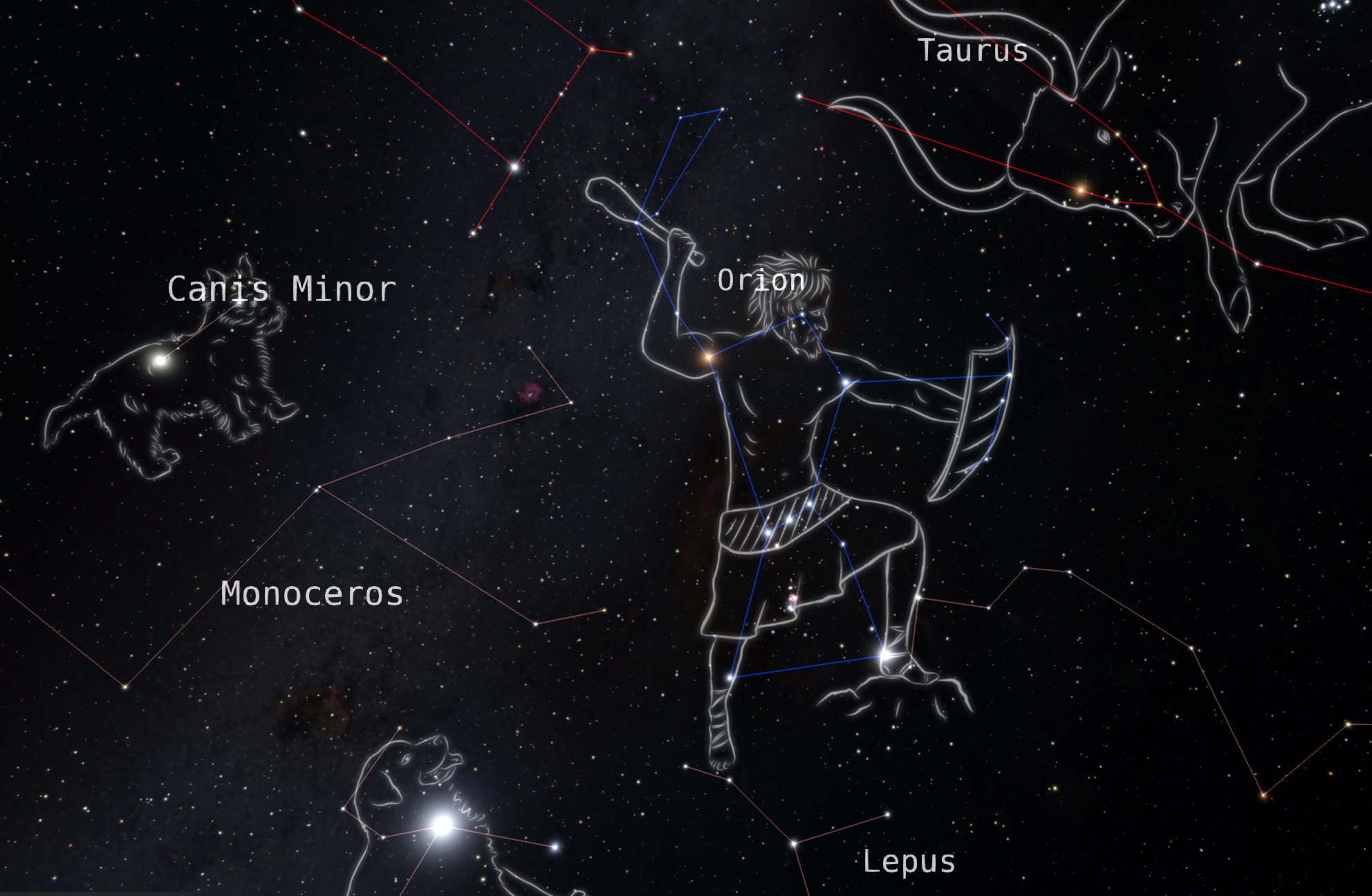 A night sky view toward Orion showing the constellation lines with their art overlayed. We see Orion, Taurus, and the big and little dogs.