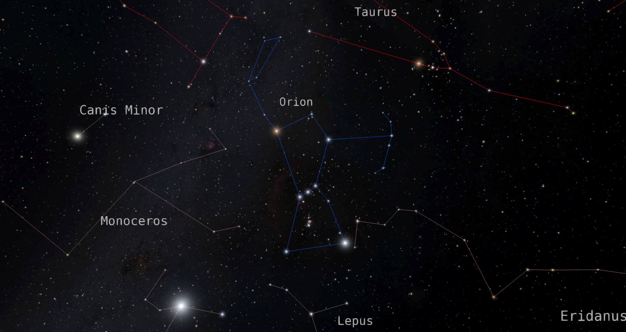 Looking at the stars of the night sky we see lines connecting the stars in the constellations Orion, Taurus, Canis Minor, Monoceros, and some surrounding constellations.