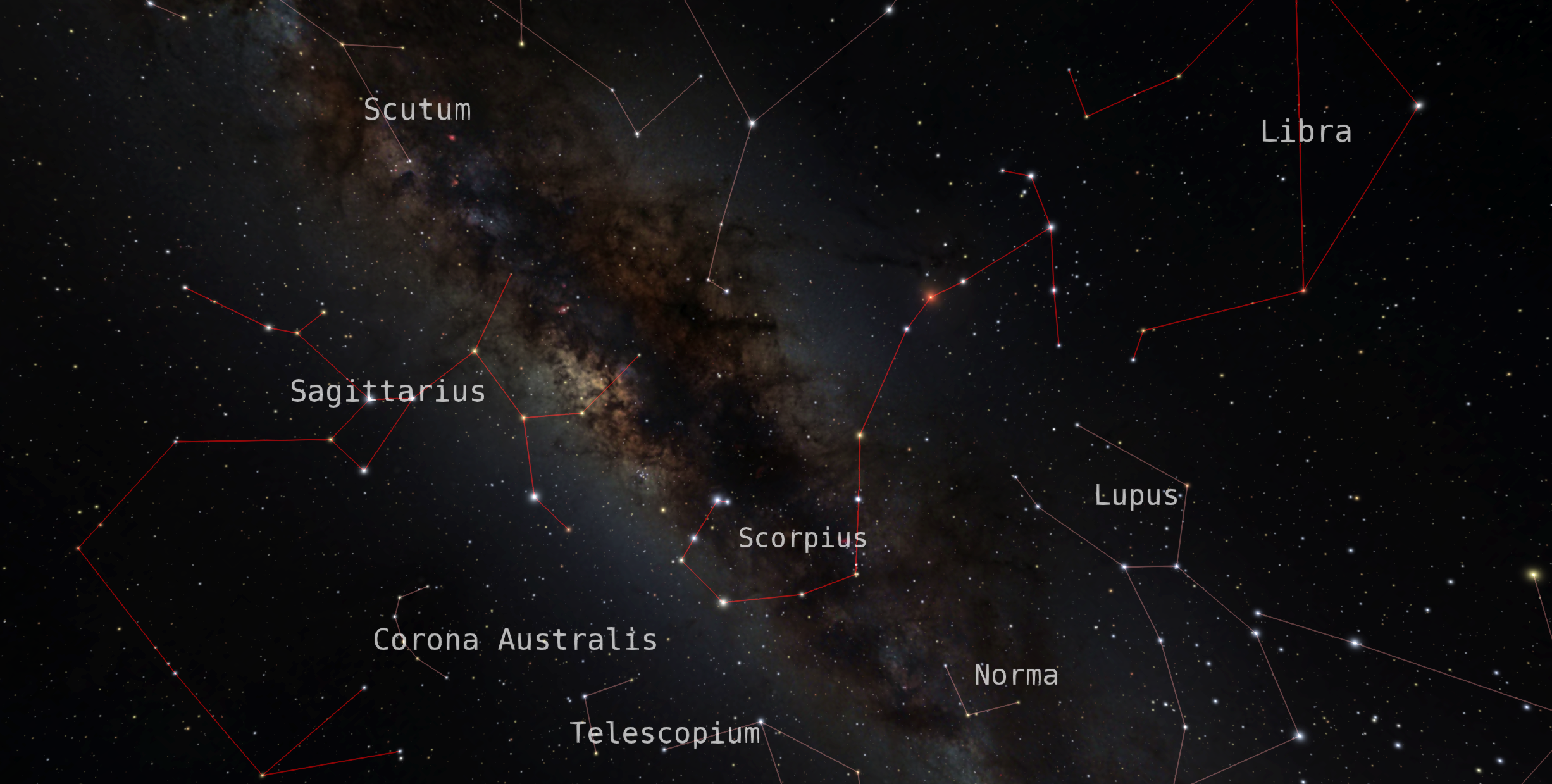 Looking at the night sky toward the constellations Scorpius and Sagittarius. The zodiacal constellations shown---Sagittarius, Scorpius, and Libra---are drawn with red lines.
