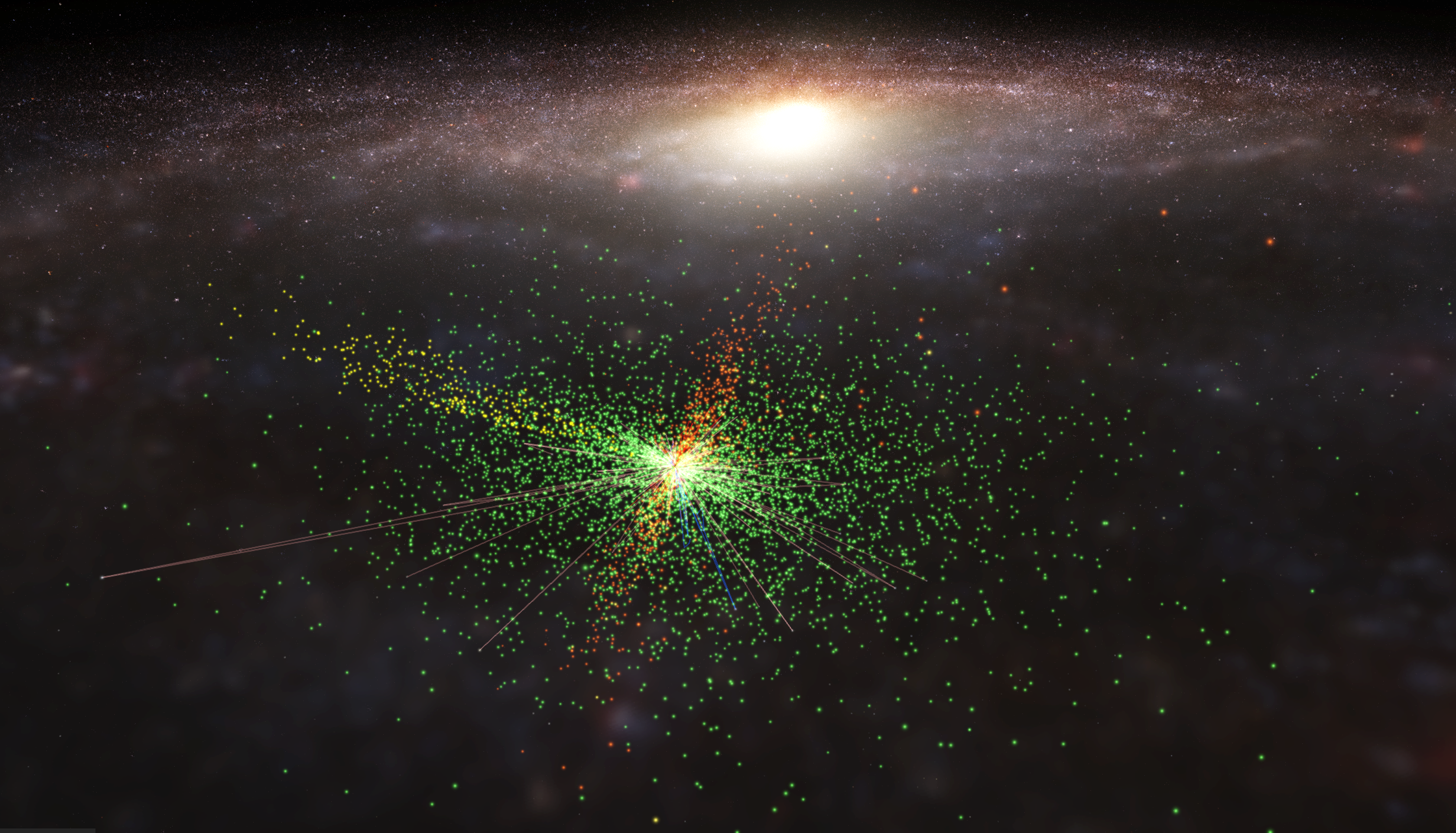The exoplanet candidate stars as seen from afar. Green, yellow, and orange stars are huddled around the Sun, each candidate stars from different missions.