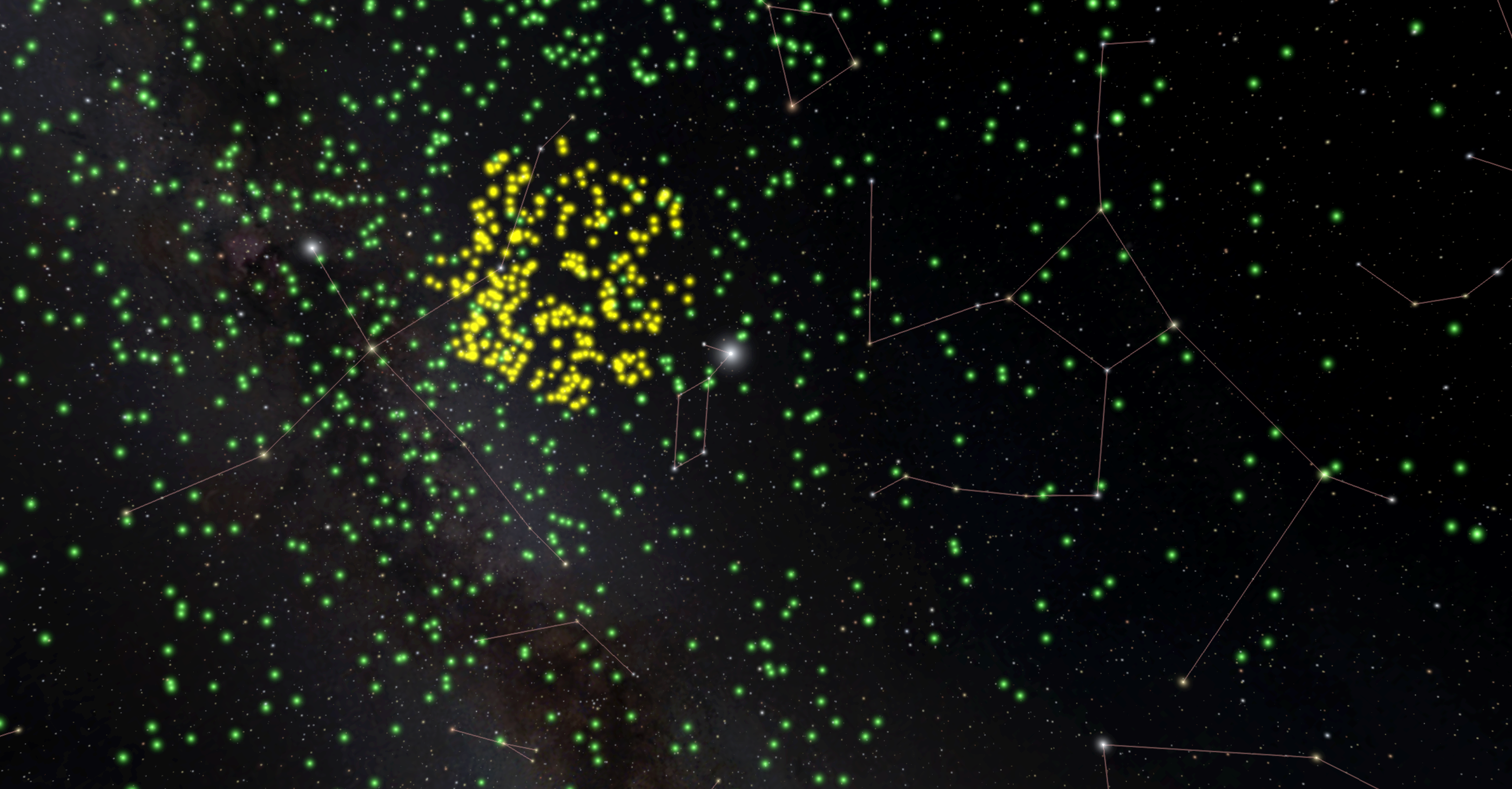 The night sky view toward the constellation Cygnus. Dominating the view are green and yellow stars, falsely colored by their mission. These are exoplanet candidate stars, yellow for the Kepler Mission and green for the TESS Mission.