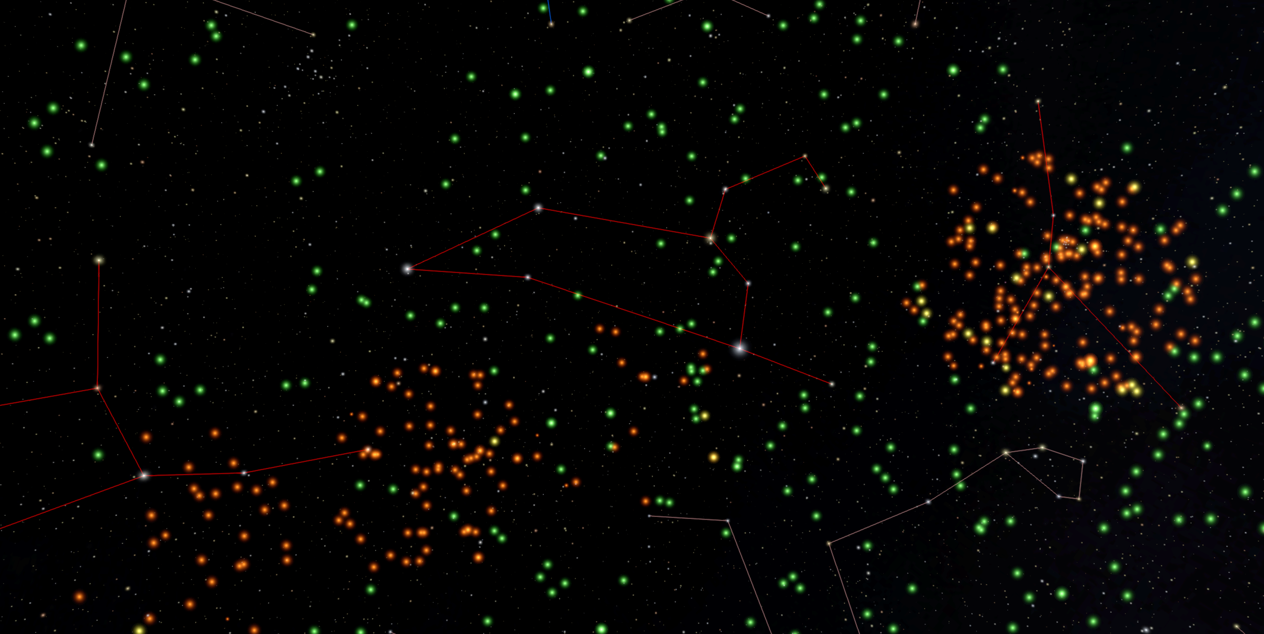 Looking at the green and orange exoplanet candidate stars as seen from Earth and looking toward the constellation Leo. Green stars are candidates from the TESS Mission while orange stars are from the K2 Mission.