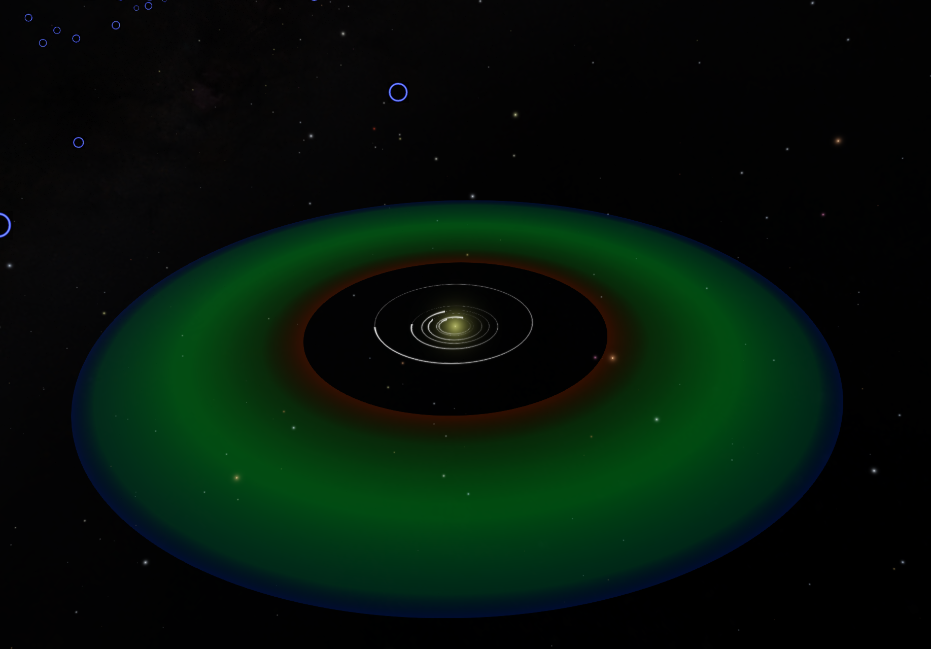 The Kepler-11 system with its six planets, and the habitable zone in green.