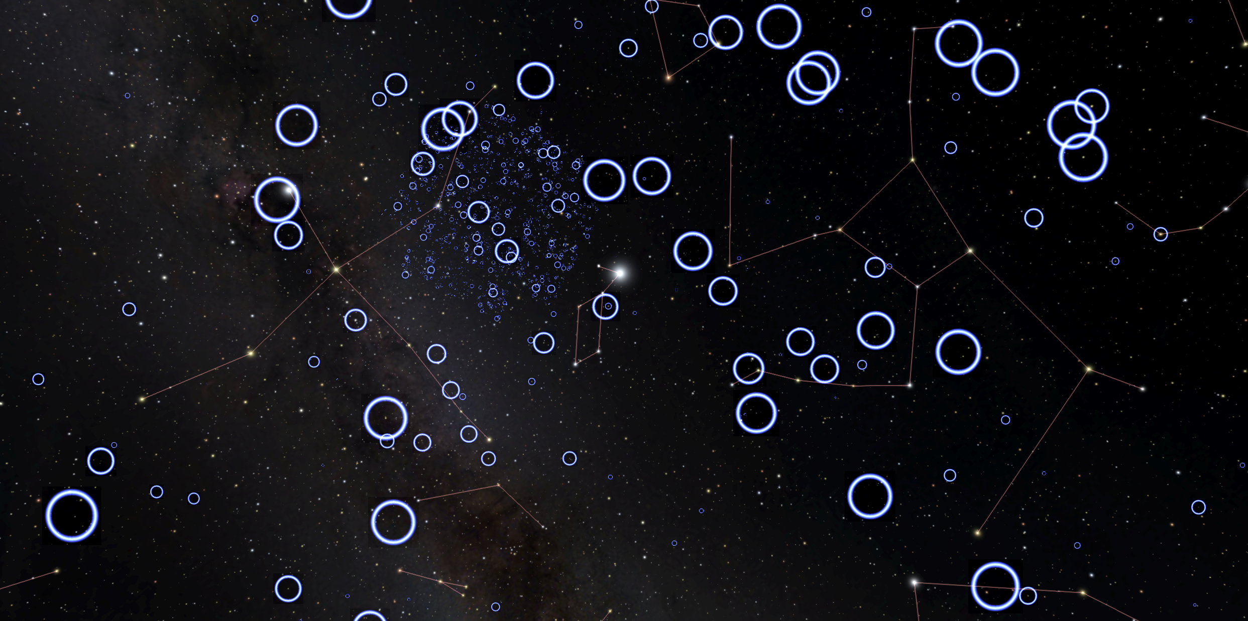A night sky view looking toward the constellations Cygnus, Lyra, and Hercules. Blue rings note the locations of stars with planetary systems. Larger rings are closer to us.