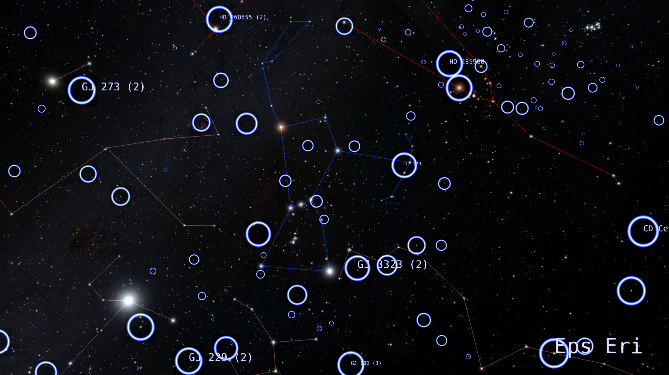 A view of the night sky as seen from Earth looking toward the constellations Orion and Taurus. Blue rings indicate the positions of exoplanetary systems.