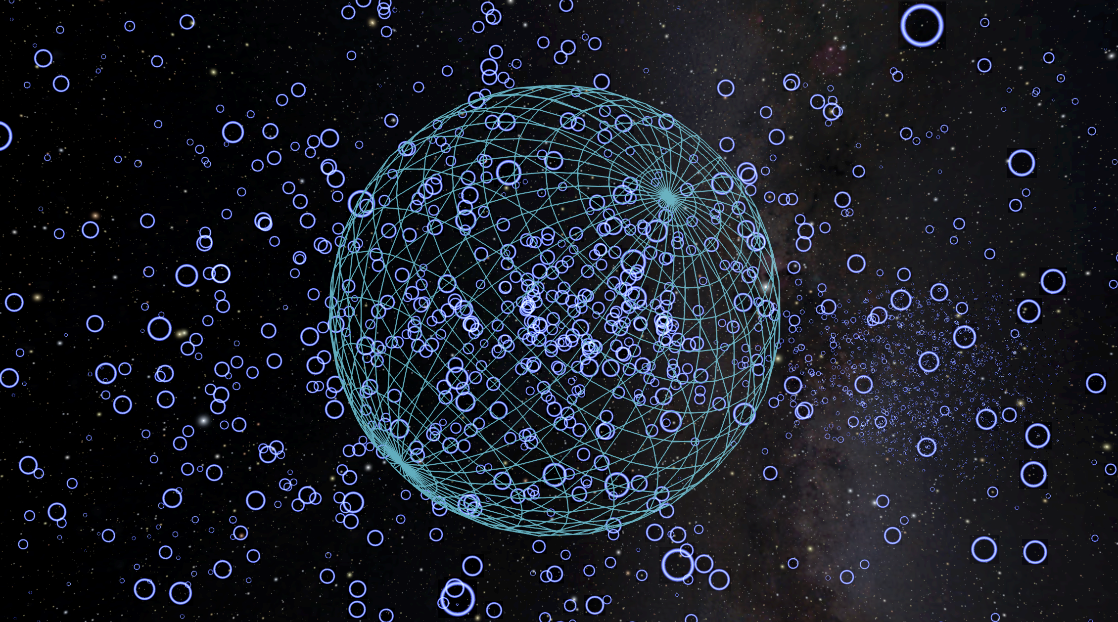 Blue rings mark the locations of exoplanetary systems. We are looking back toward the Sun from hundreds of light years away, and the green, wire-frame sphere, centered on the Sun, shows the extent of our radio signals. The sphere is 160 light years in diameter.