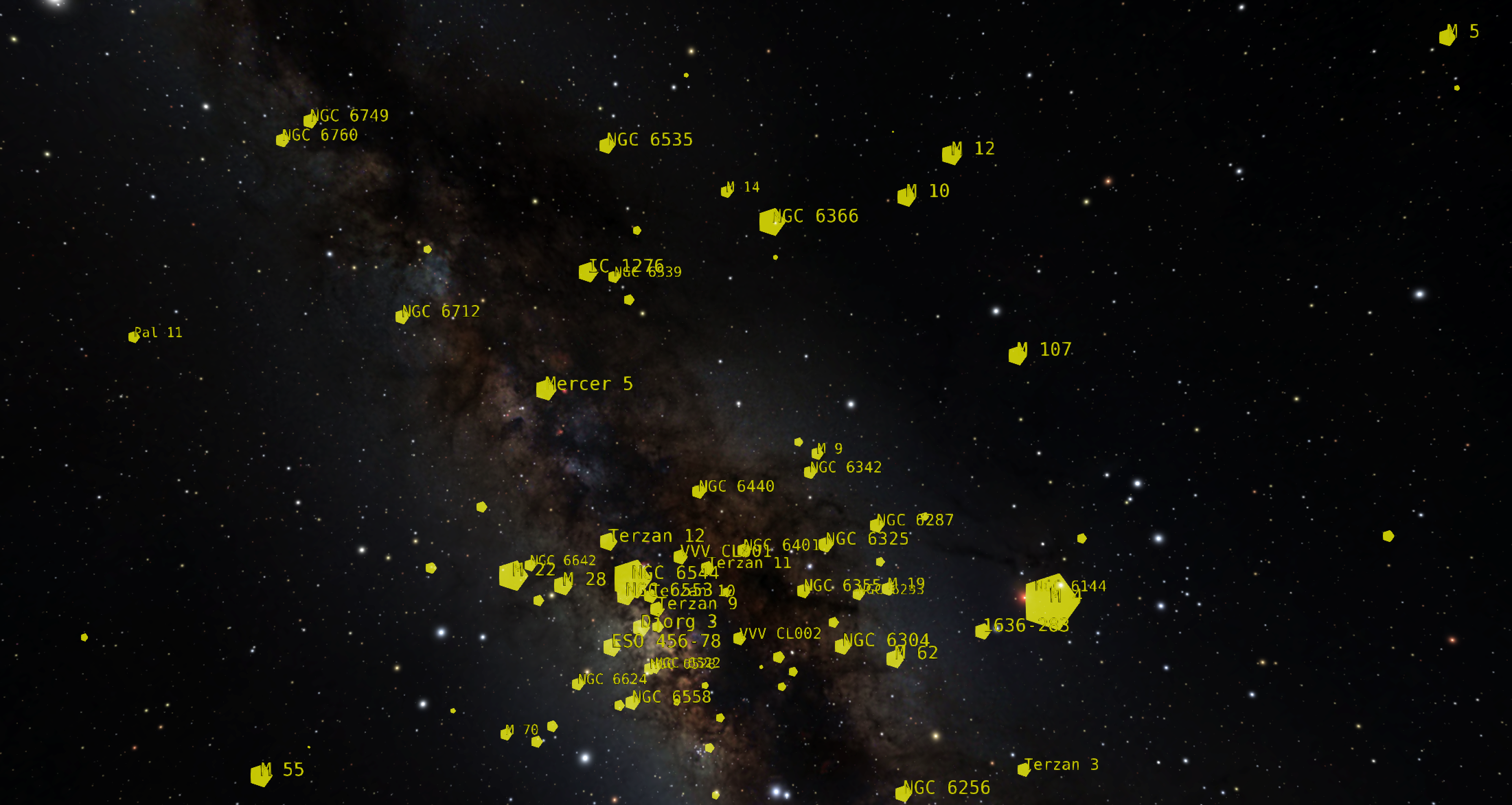Looking at the night sky with Scorpius and Sagittarius in view, we note the locations of globular clusters with yellow markers, which are concentrated in this part of the sky.