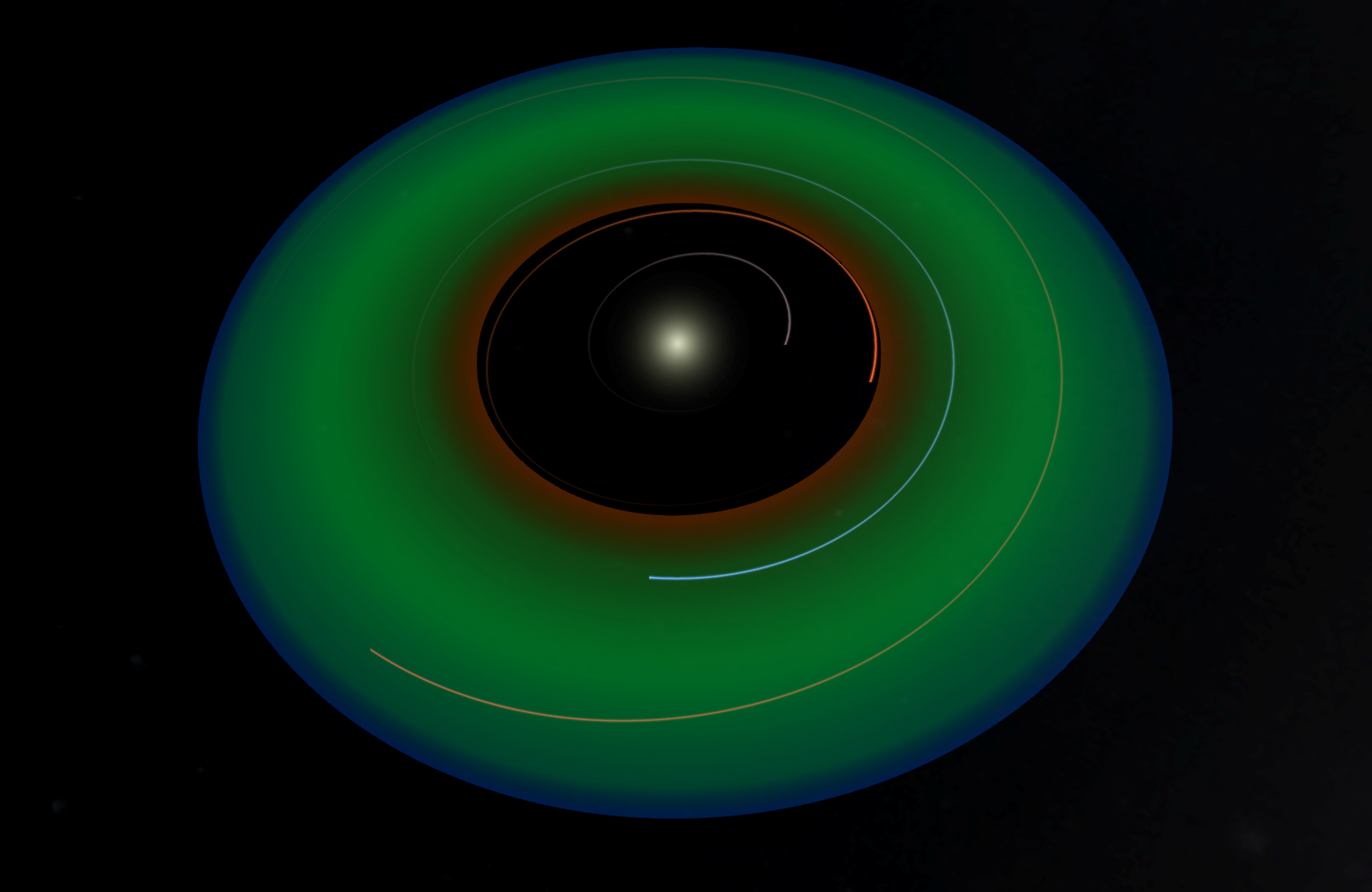 The Sun's habitable zone, a green band overlaying the planetary orbits of the inner Solar System