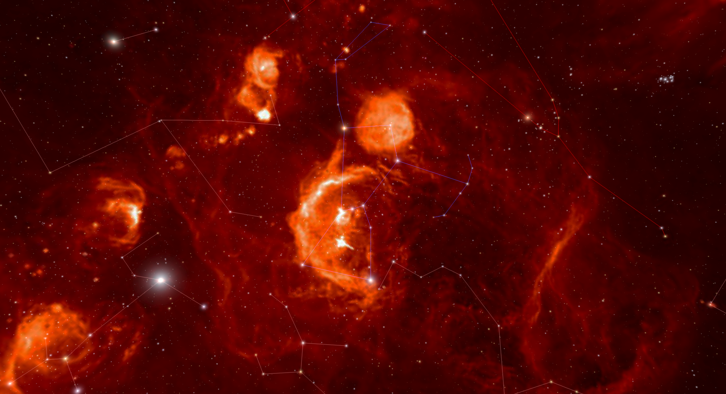 Looking toward Orion from Earth, we see the bright, glowing areas of hydrogen-alpha light---wispy, orange gas with bright concentrations and areas of thinner gas.