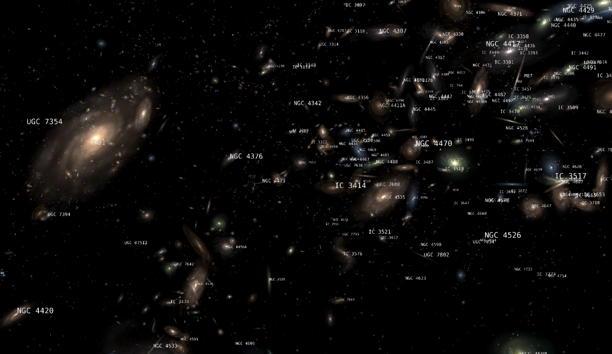 A view of the Virgo Cluster with exaggerated image sizes and galaxy labels turned on.