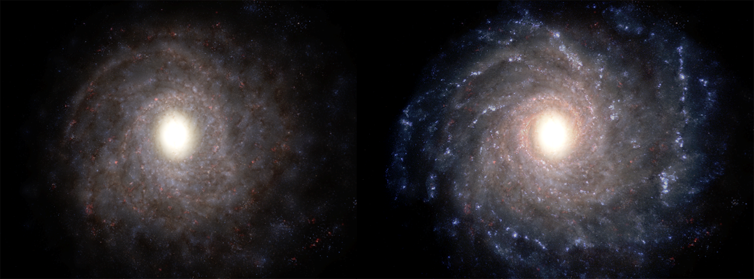 A two-panel image of the Milky Way Galaxy in OpenSpace. On the left is the Milky Way Volume model and on the right is the volumetric model and the Milky Way Image.