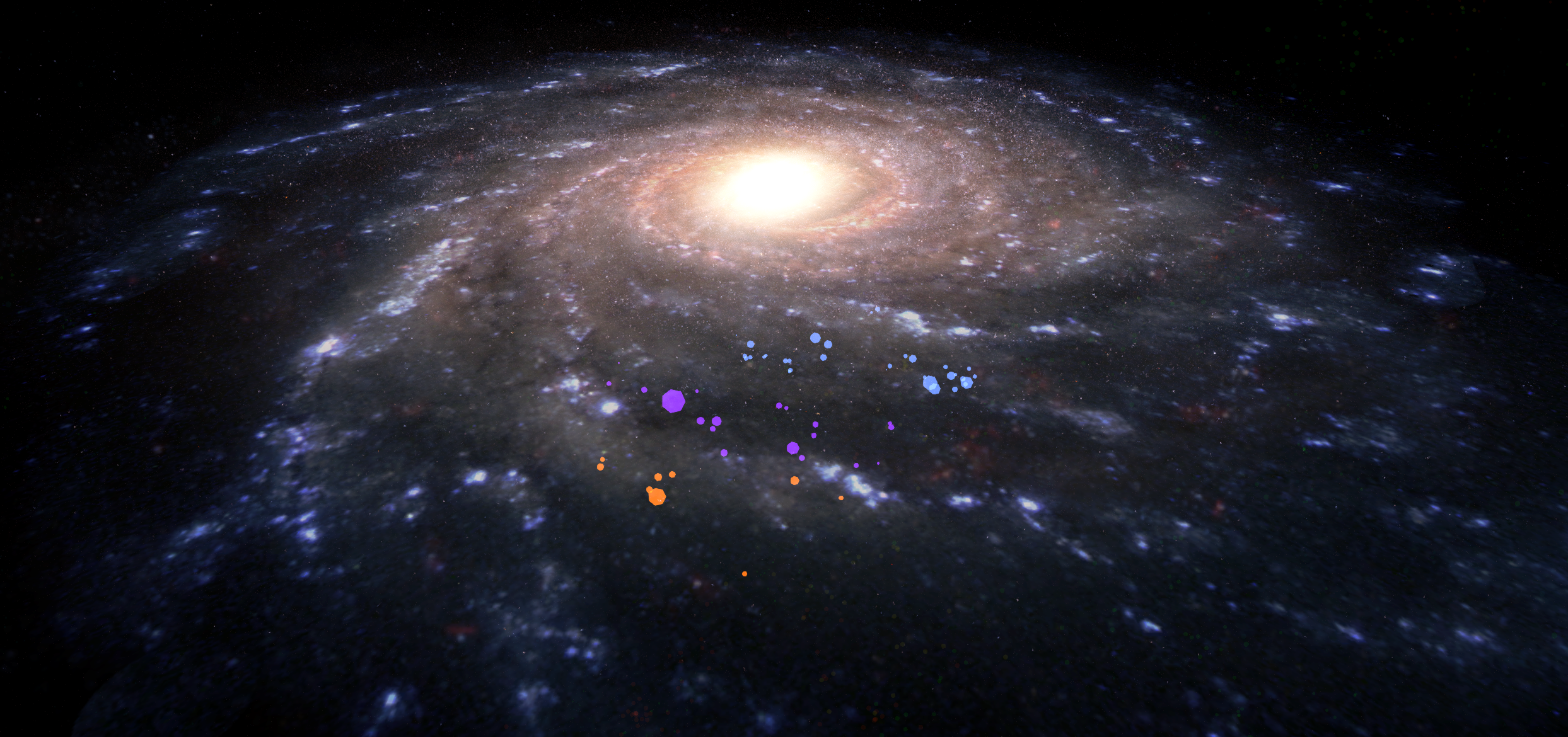 Looking down on the Milky Way from above with the multicolored points marking the location of our neighboring OB associations.