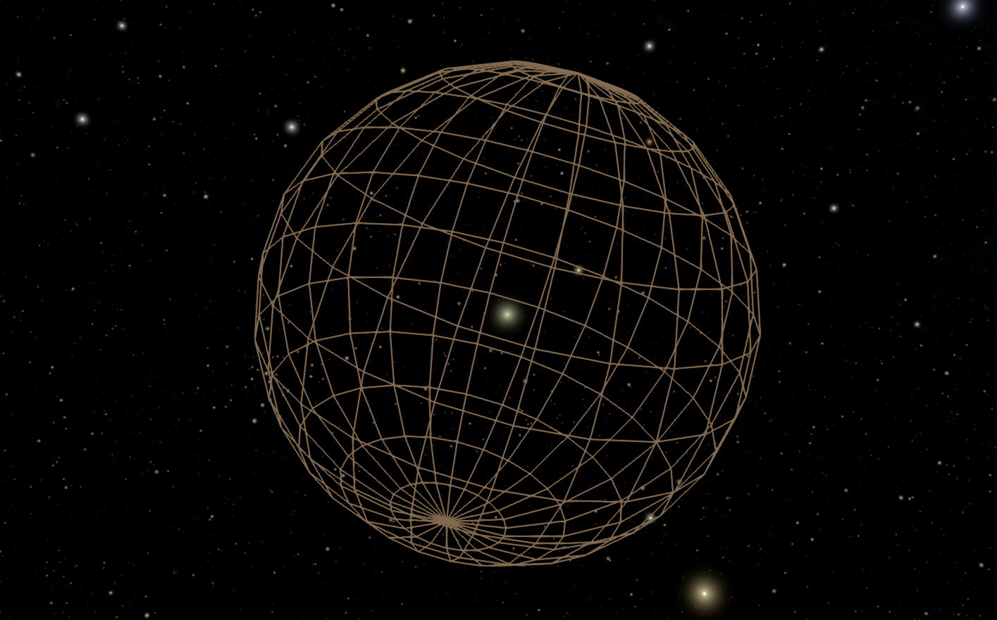 A wire-framed sphere surrounding the Sun representing the Oort Cloud.