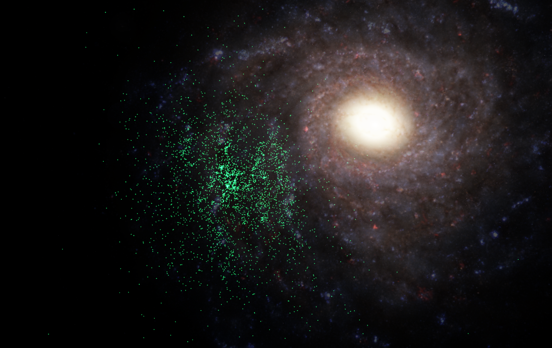 A view from above the Milky Way Galaxy looking down on its disk and spiral arms. Open clusters are indicated by green points.