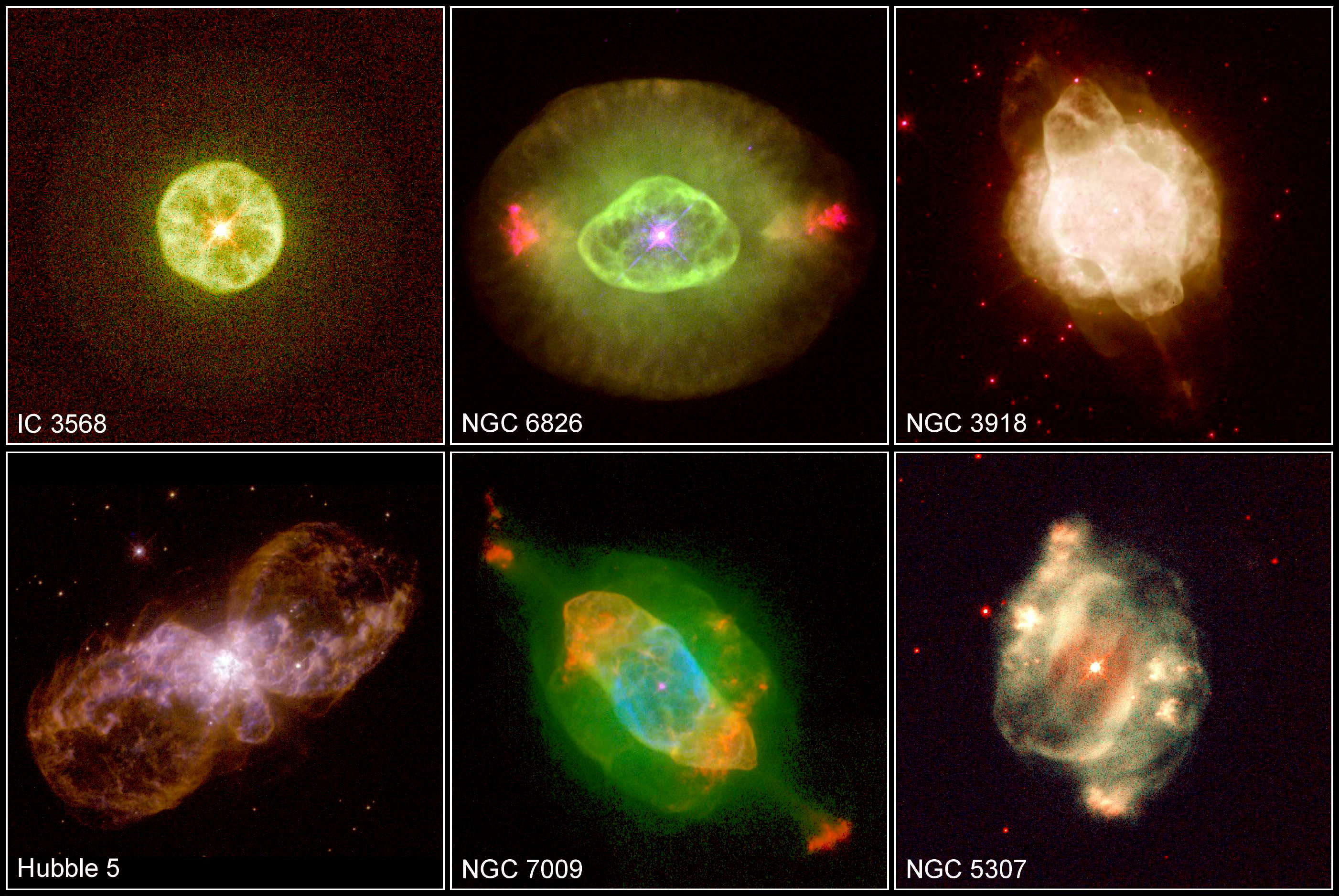 A montage of six planetary nebulae. Some appear spherical, others more elliptical. Gases glow and shades of green, red, and orange.