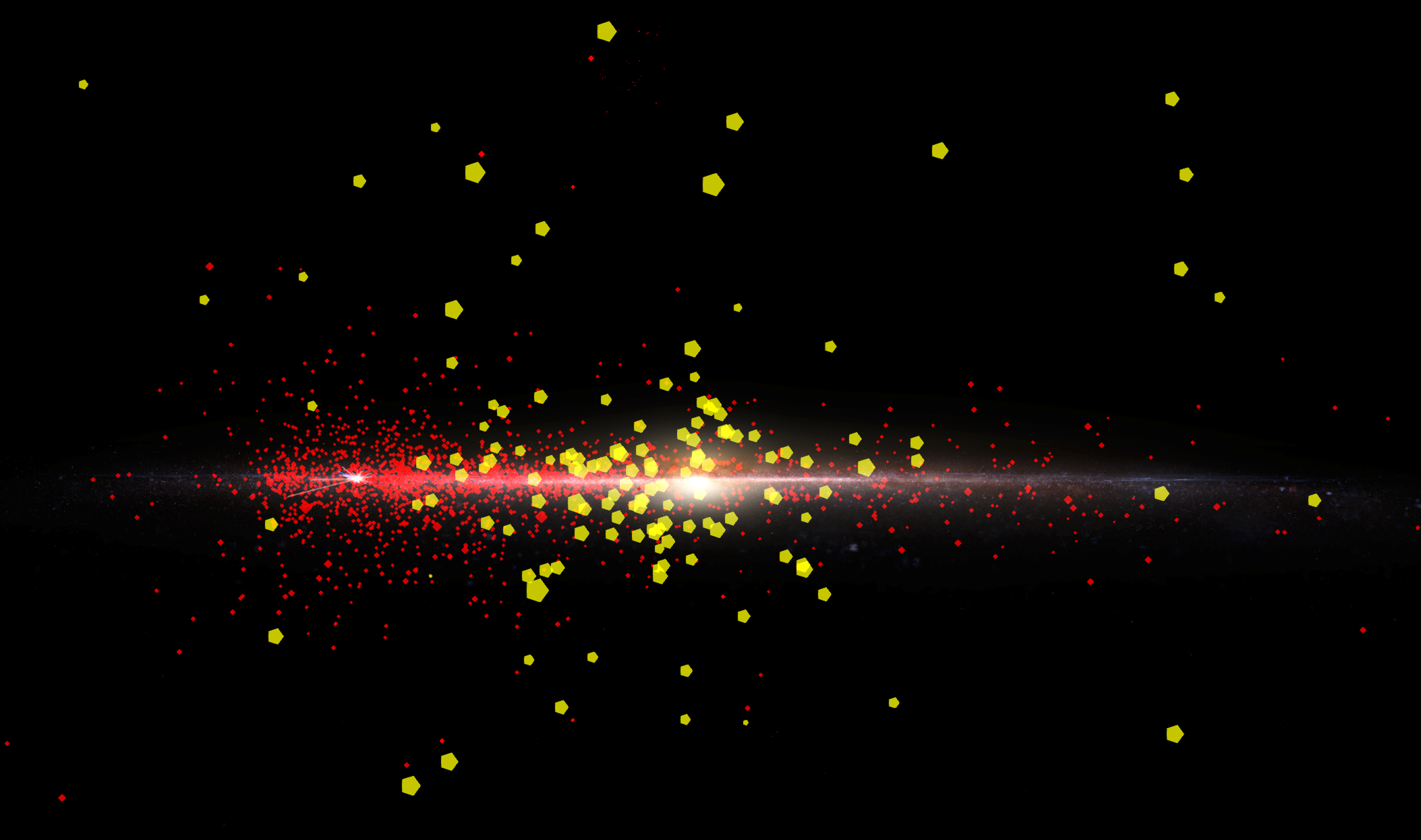 A view of the Milky Way Galaxy looking edge-on with the positions of pulsars, in red, and globular clusters, in yellow, shown in concert with one another.