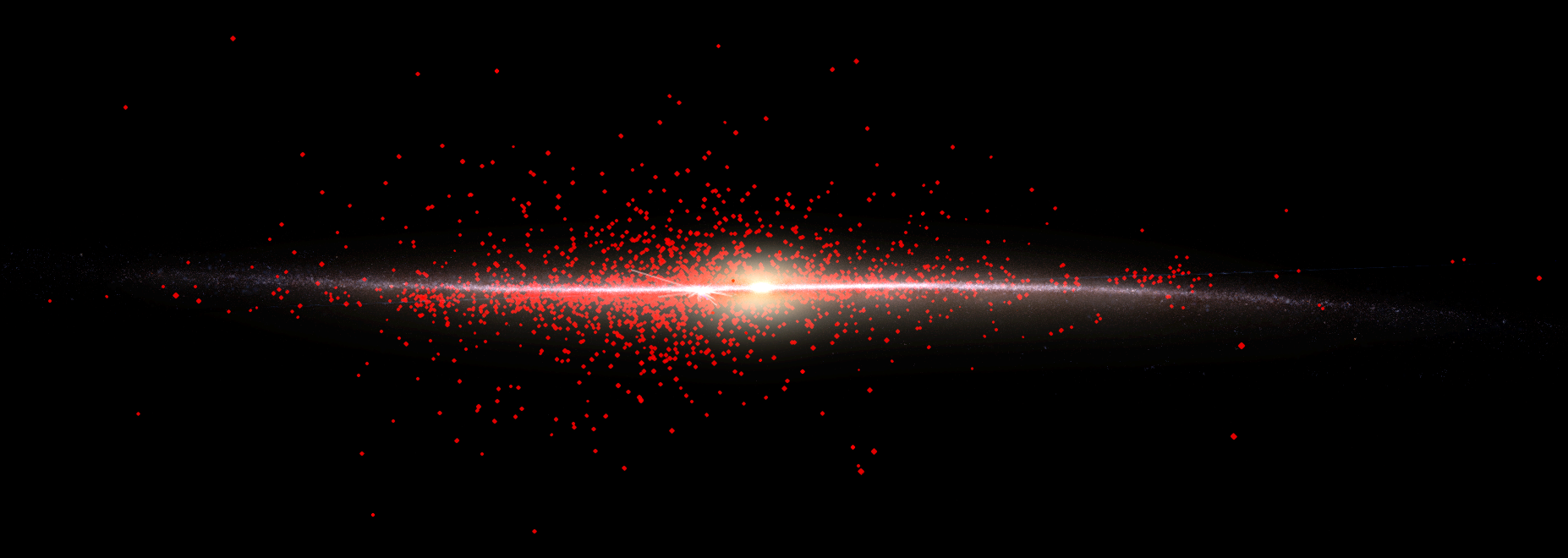 An edge-on view of the Milky Way Galaxy, showing the locations of the pulsars as red points above and below the Galactic disk.