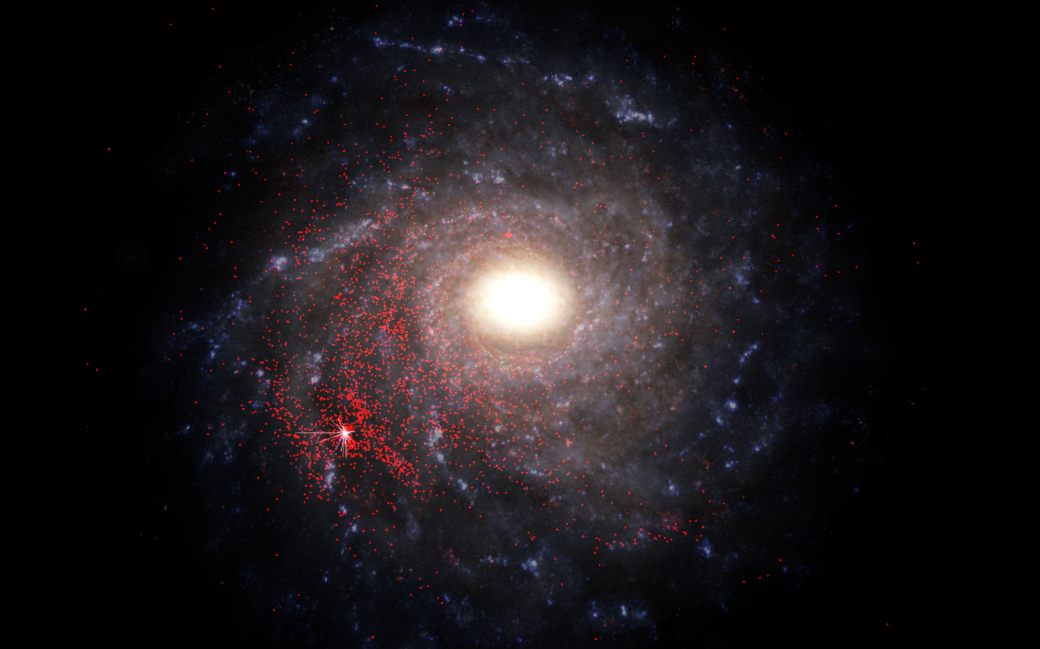 A view looking down on the Milky Way Galaxy showing the locations of pulsars in red.