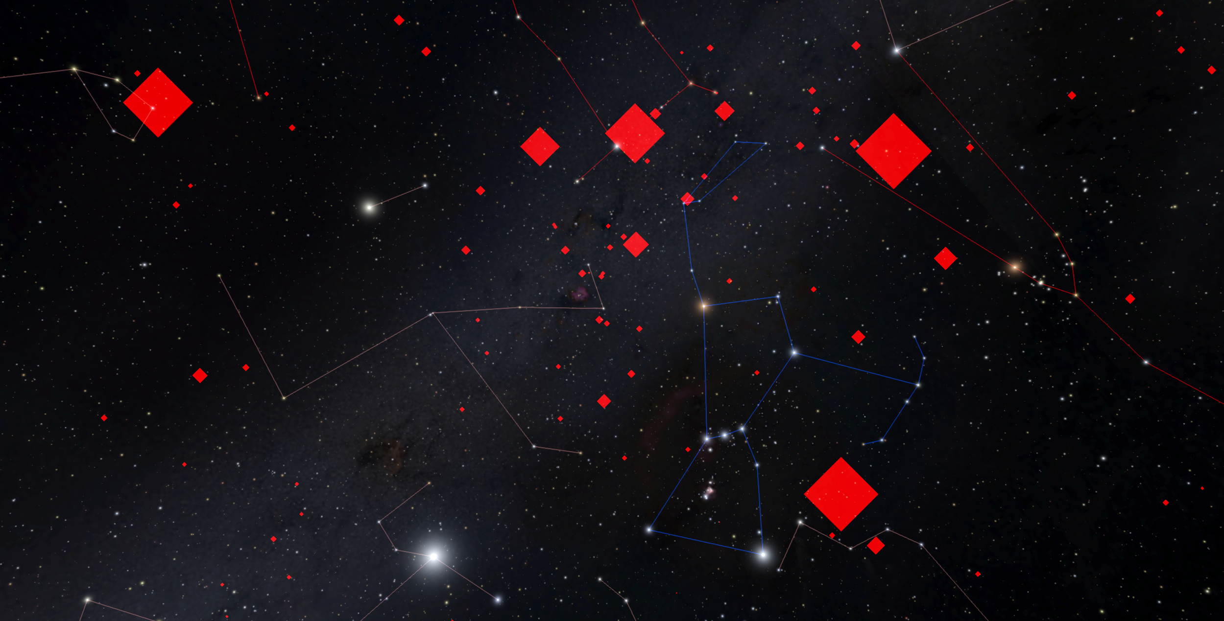 A view of the night sky toward the constellation Orion. Red squares indicate the position of pulsars.