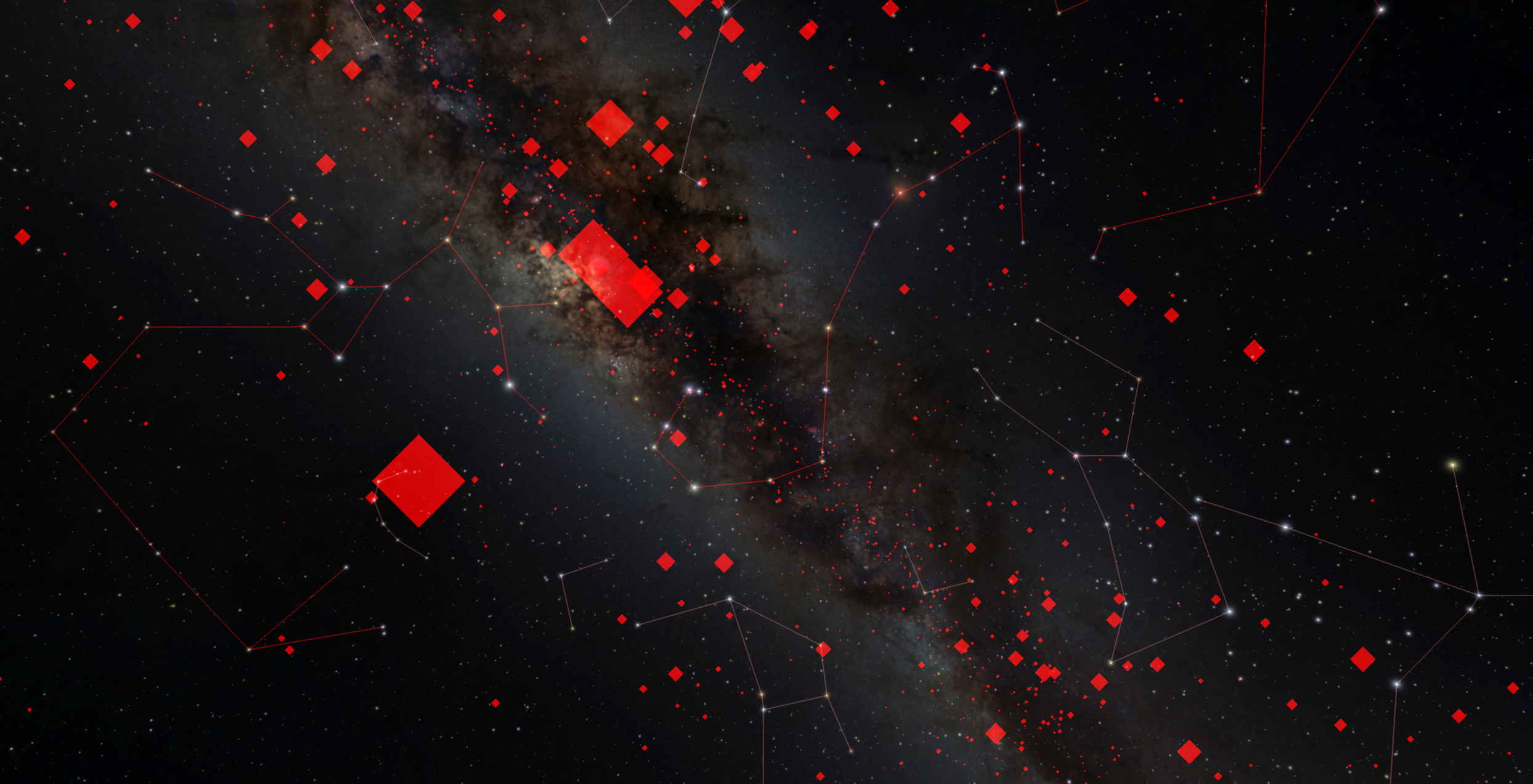Looking at the night sky toward Scorpius and Sagittarius with the constellation lines on and red squares indicating the locations of pulsars.