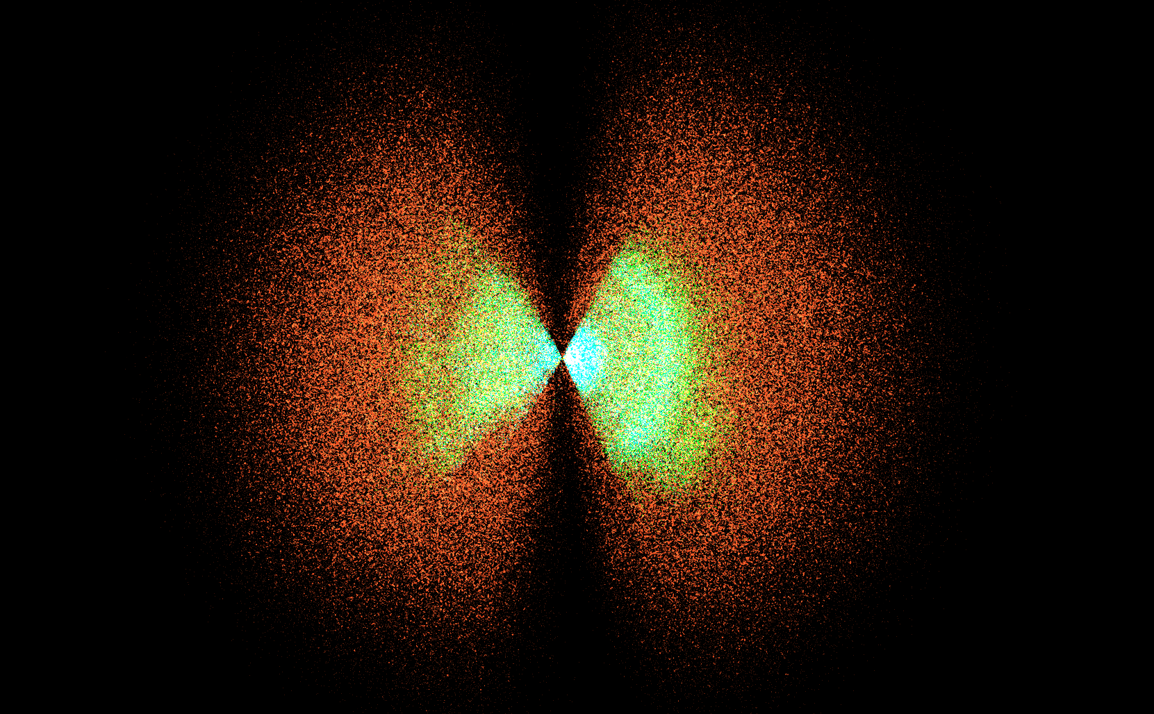 A two-lobed distribution of the quasars as orange points along with the Sloan DSS Galaxies embedded within to give us a sense of scale.