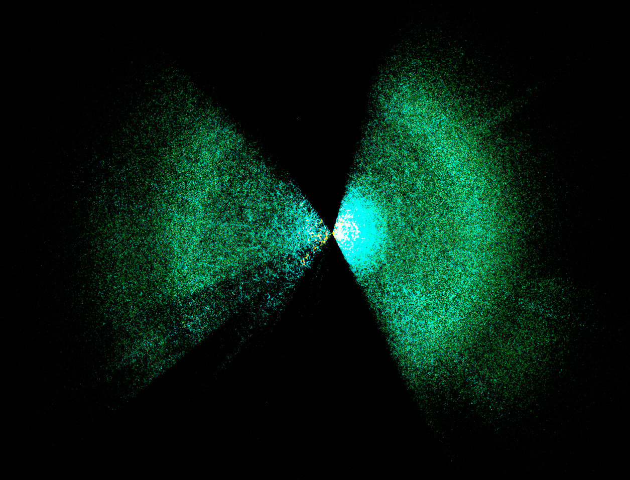 A view of the Sloan DSS Galaxies from the outside, showing the large-scale structure huddled near the sun and a more homogenous view farther out.