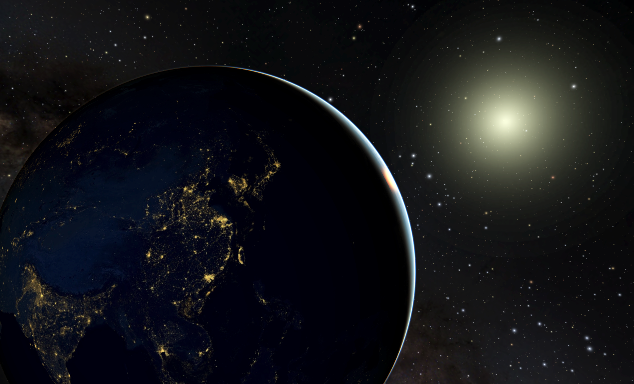 The Sun as represented by the Solar Glare, with Earth in the foreground