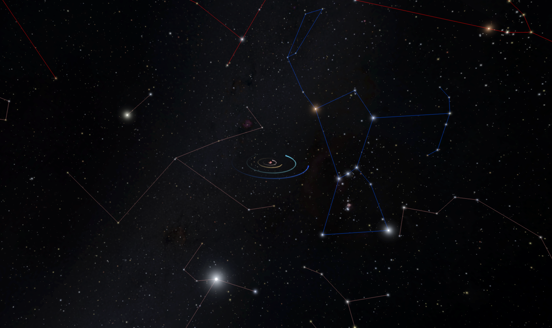 Solar System orbits plus the constellation lines