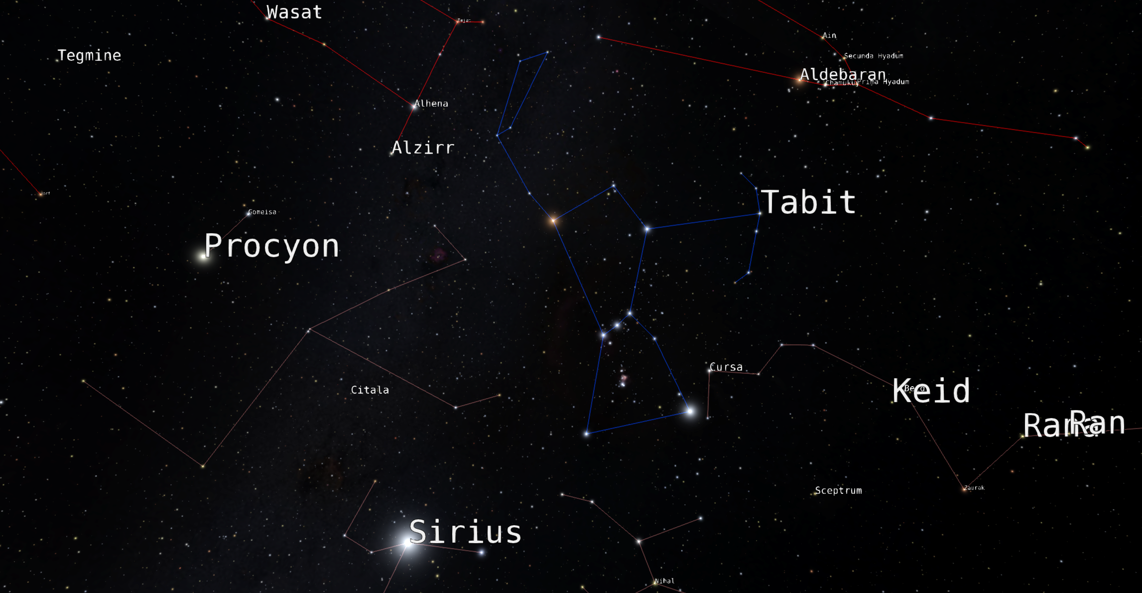 A view of the night sky looking toward Orion with constellation lines connecting stars and the stars with common names labeled.
