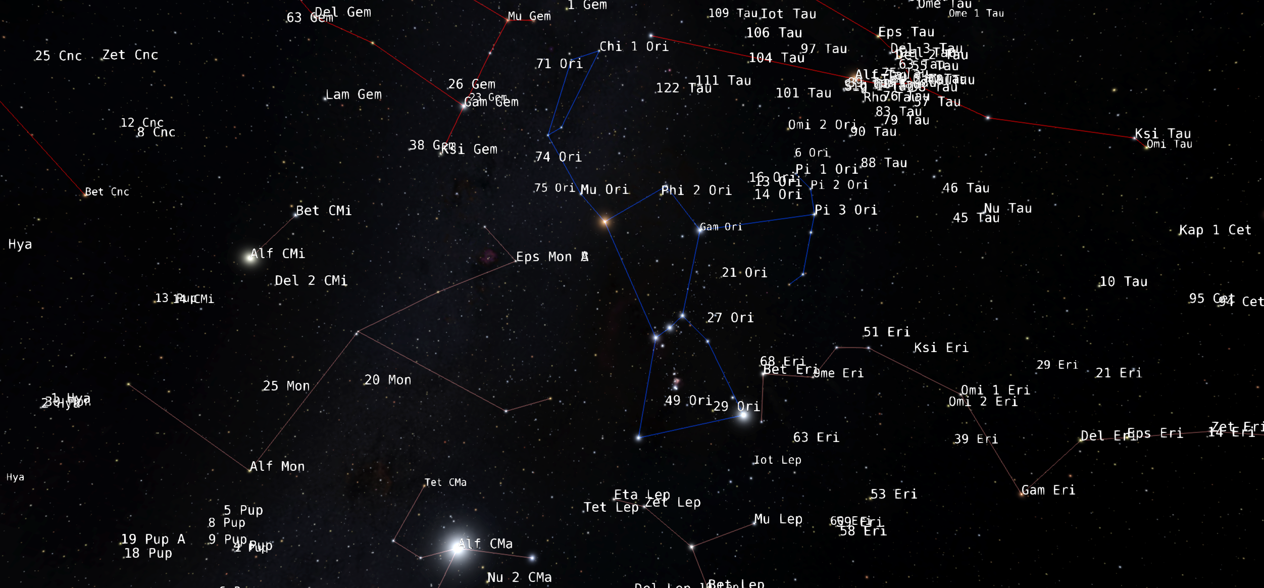 A view of the night sky looking toward Orion with lines forming the constellations, and labels on the nearby stars.